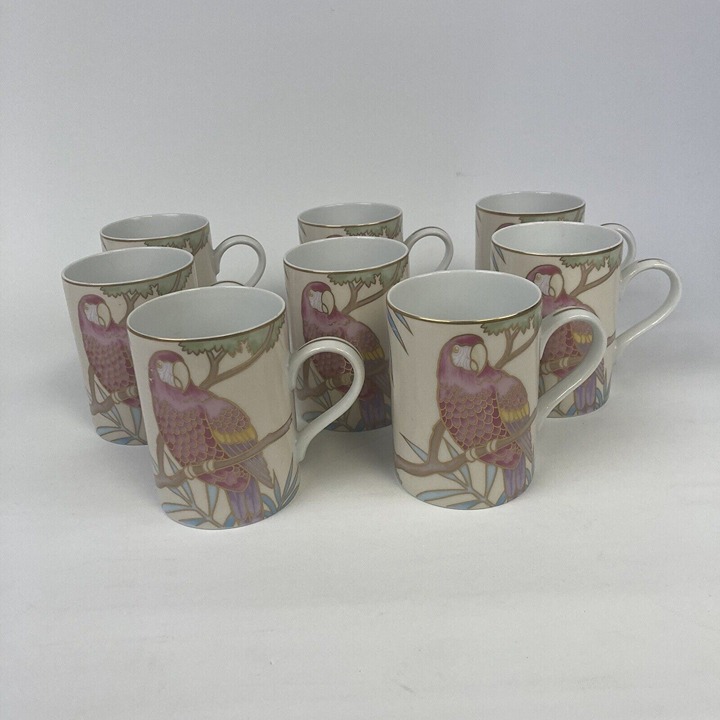 VTG Set 8 Fitz Floyd Parrot Bird Coffee Mugs Tea Cups Porcelain Jungle Perroquet