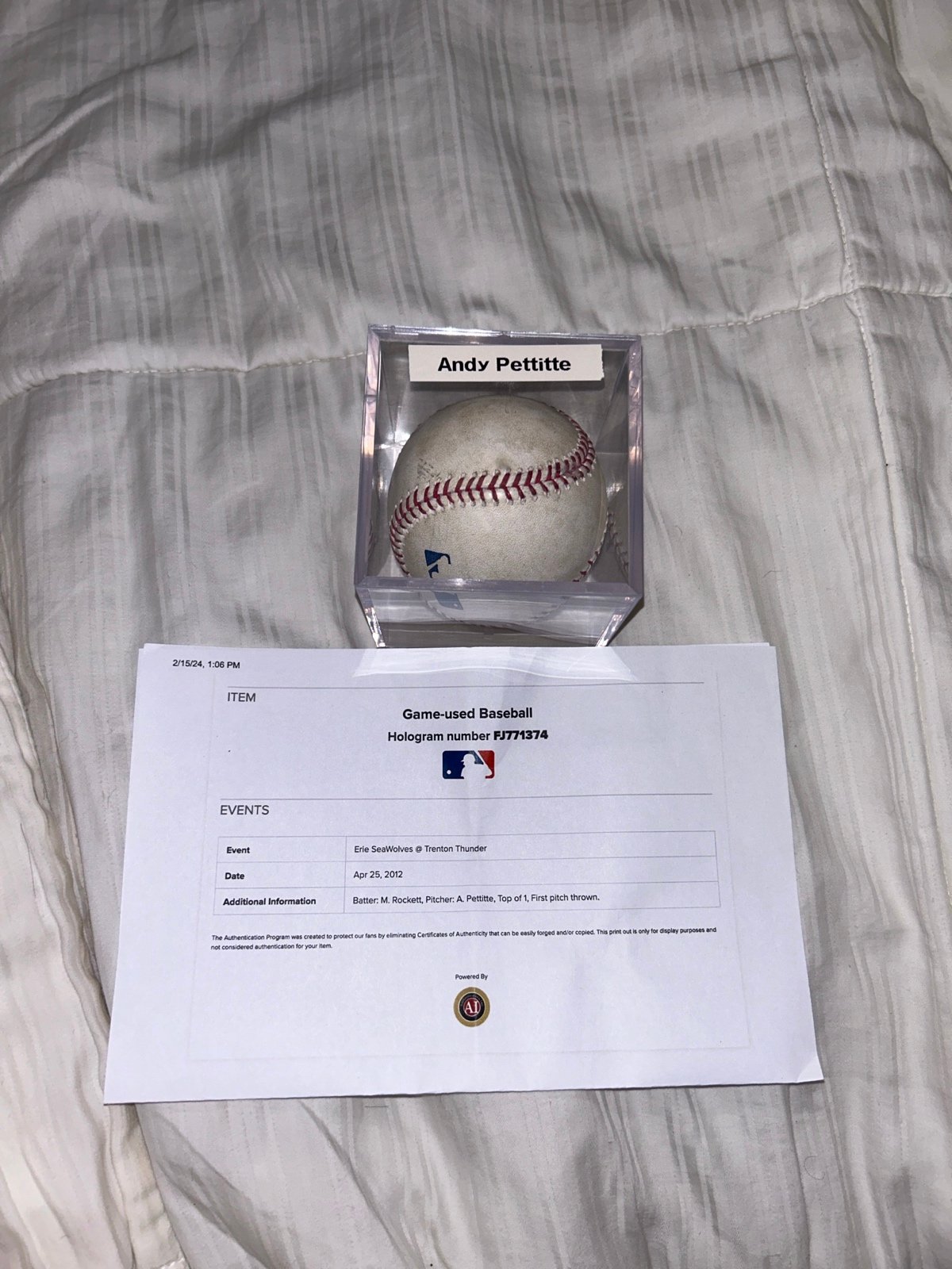 NYY Andy Pettitte game used pitch Baseball