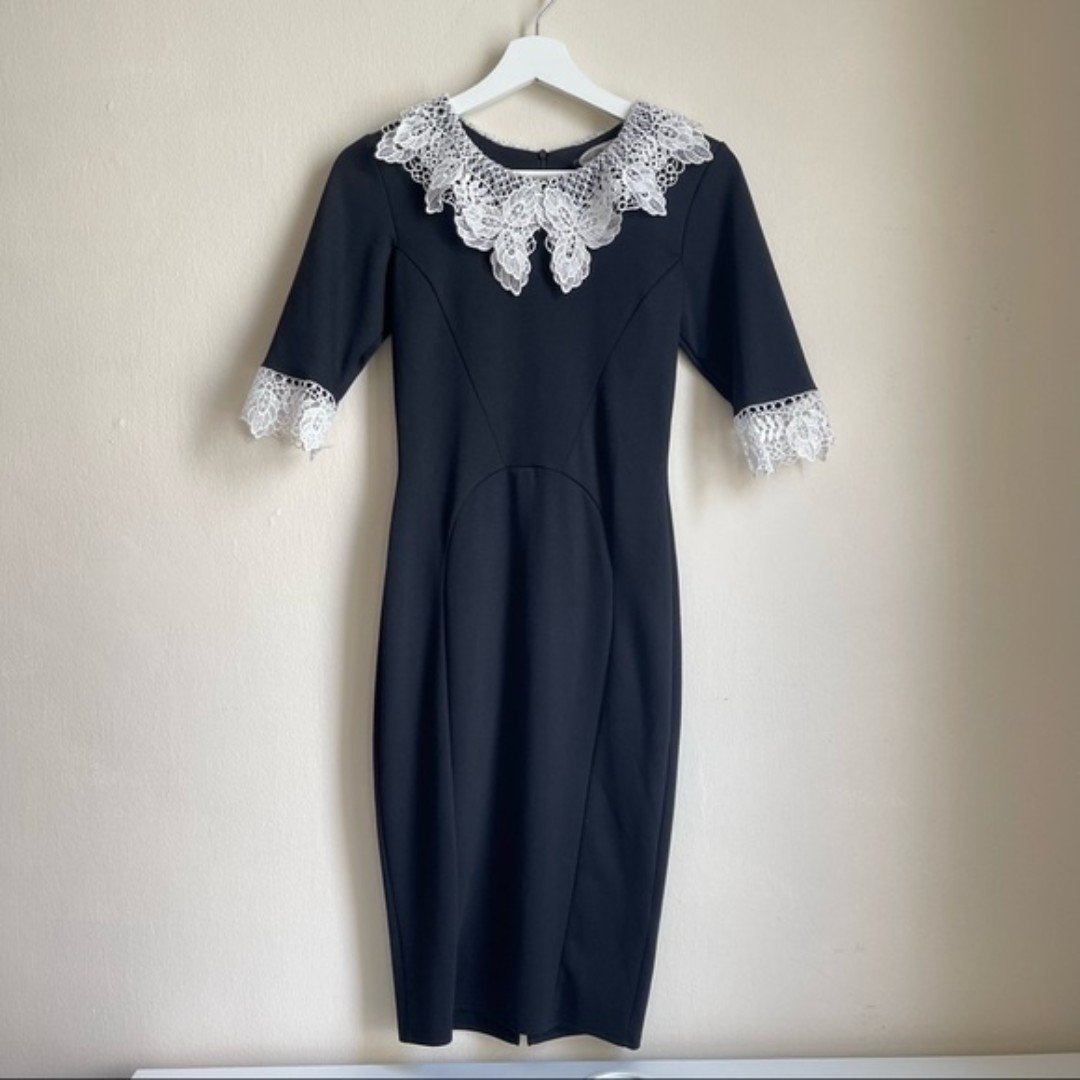Lydia Bright Designer Black Vintage Dress with White Lace Collar - 10