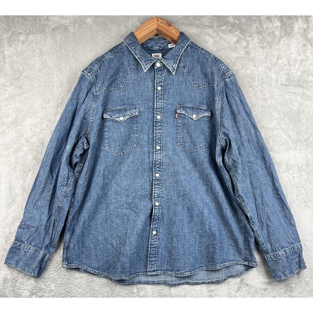 Levi's Denim Snap Button Up Western Shirt Men's XXL Blue Rodeo Cowboy L/S