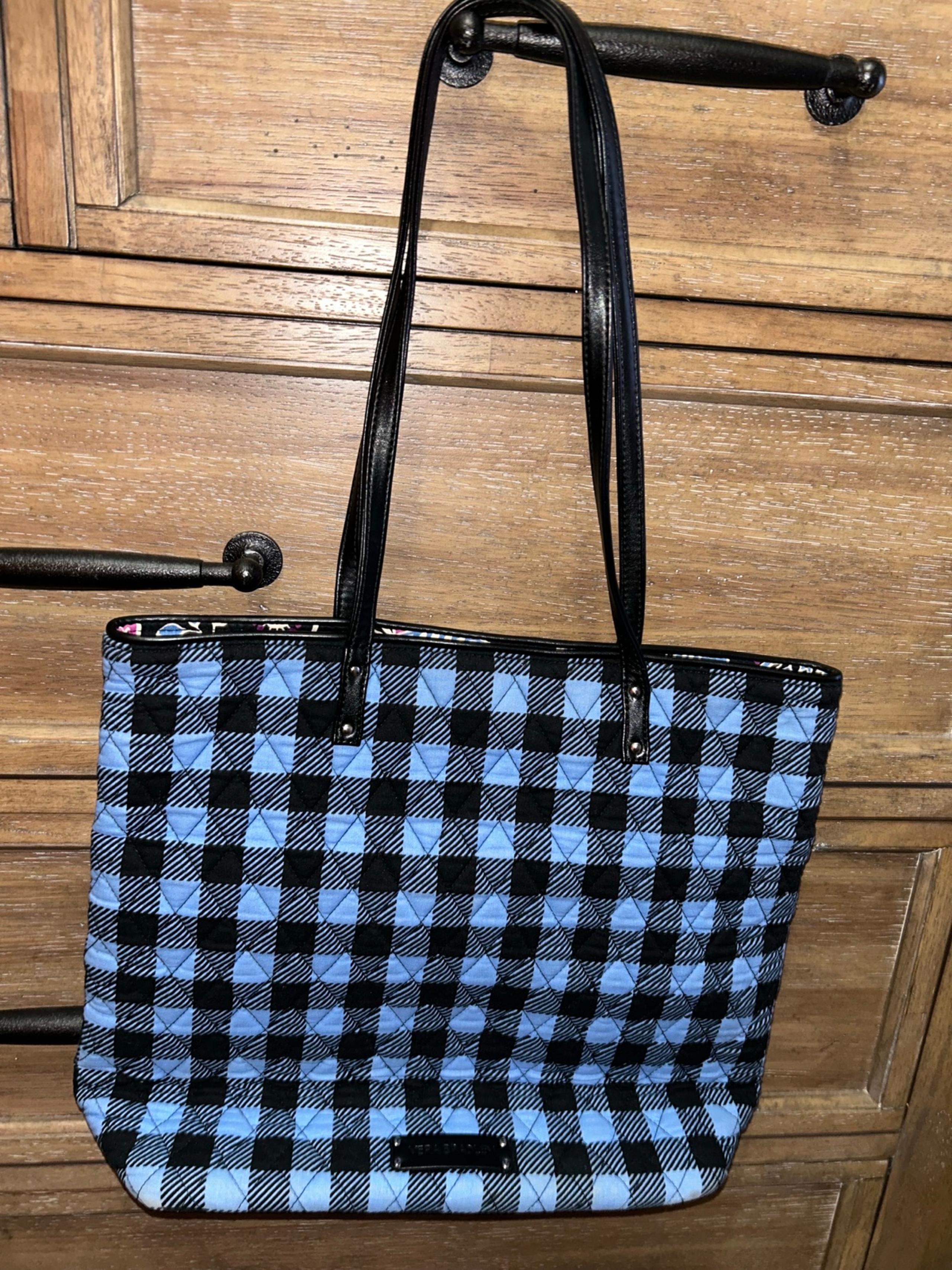 Vera Bradley Alpine Check Tote Bag Quilted Blue Black Print w/Floral Lining Faux