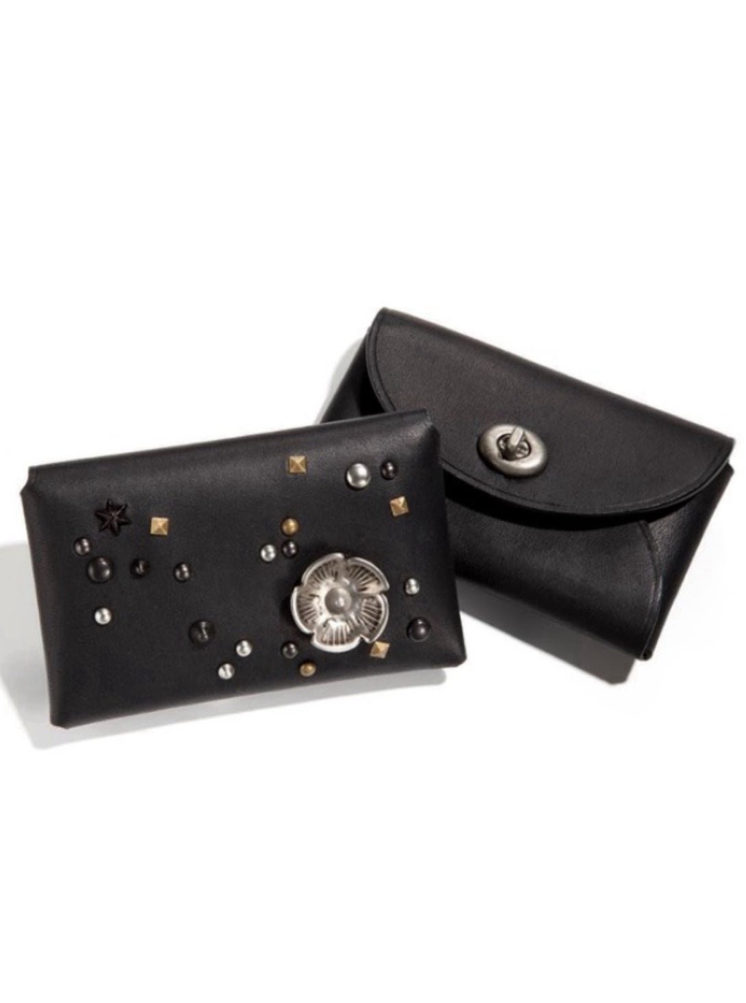 Coach 1941 Turnlock Card Case with Tea Rose Studs Black Glovetanned Leather NWT