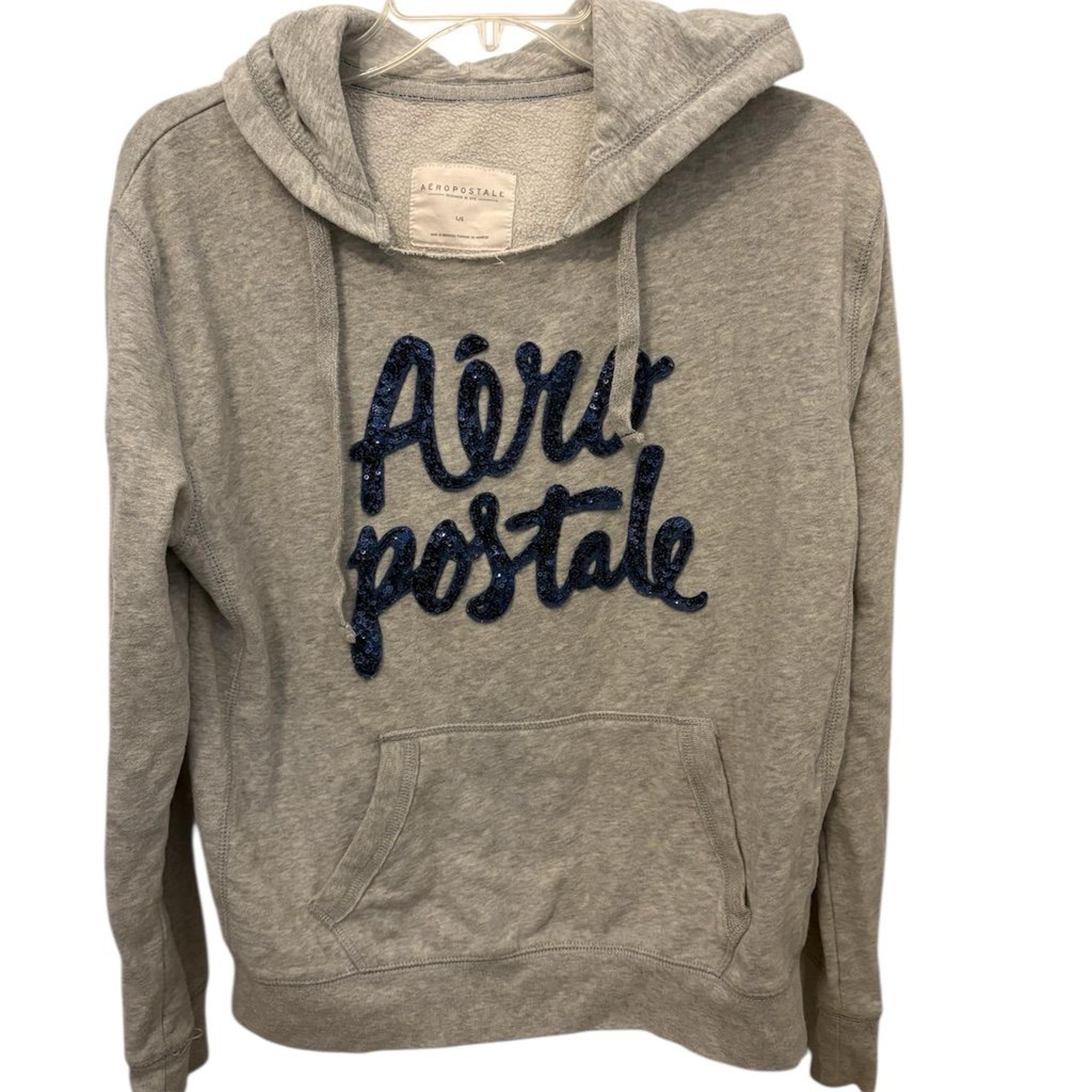 Aeropostale Women's Gray Hoodie L Blue Sequin Logo Full Zip Casual