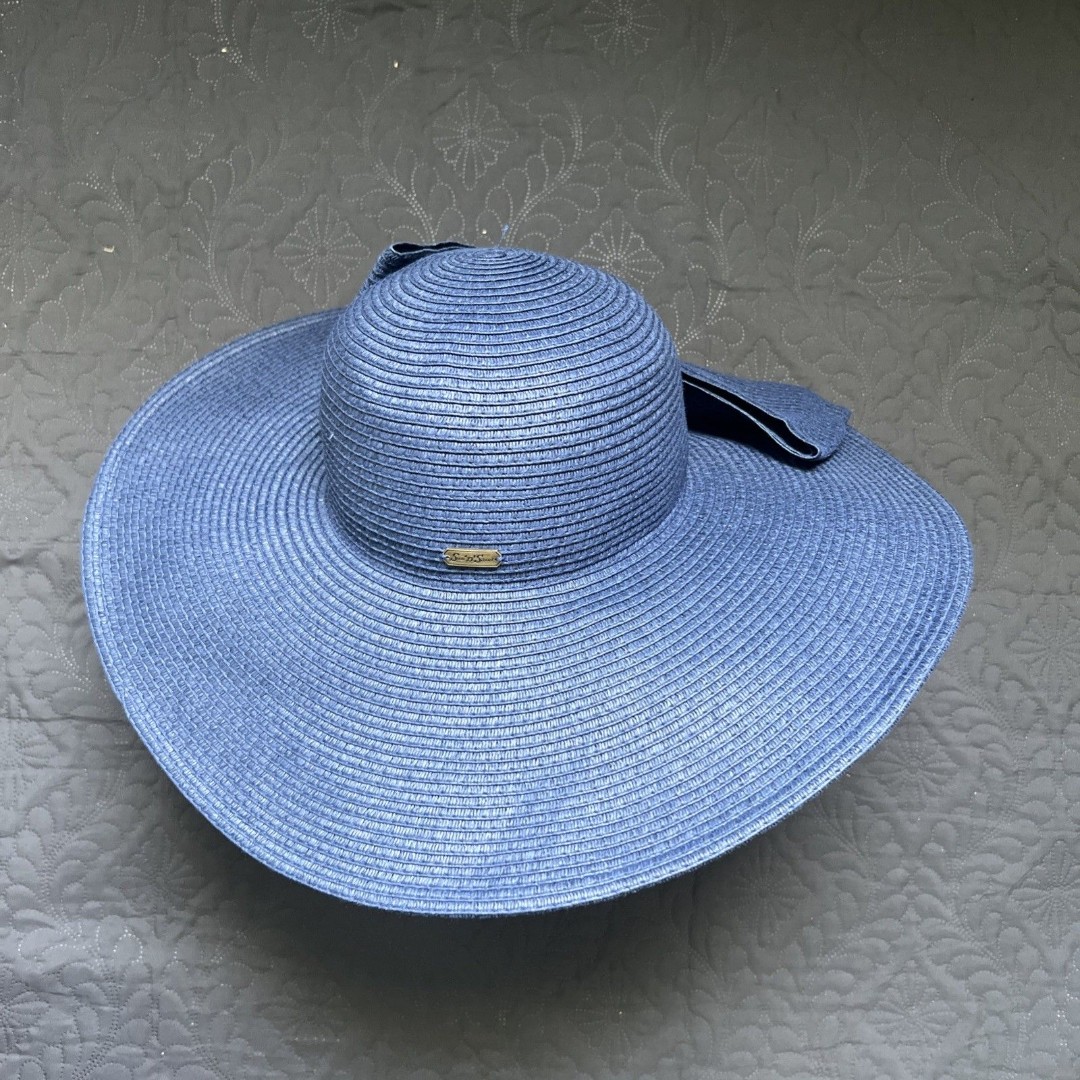 Sun N Sand Wide Brim Large Straw Floppy Navy Blue Beach Hat w/Bow Resort 18” Dia