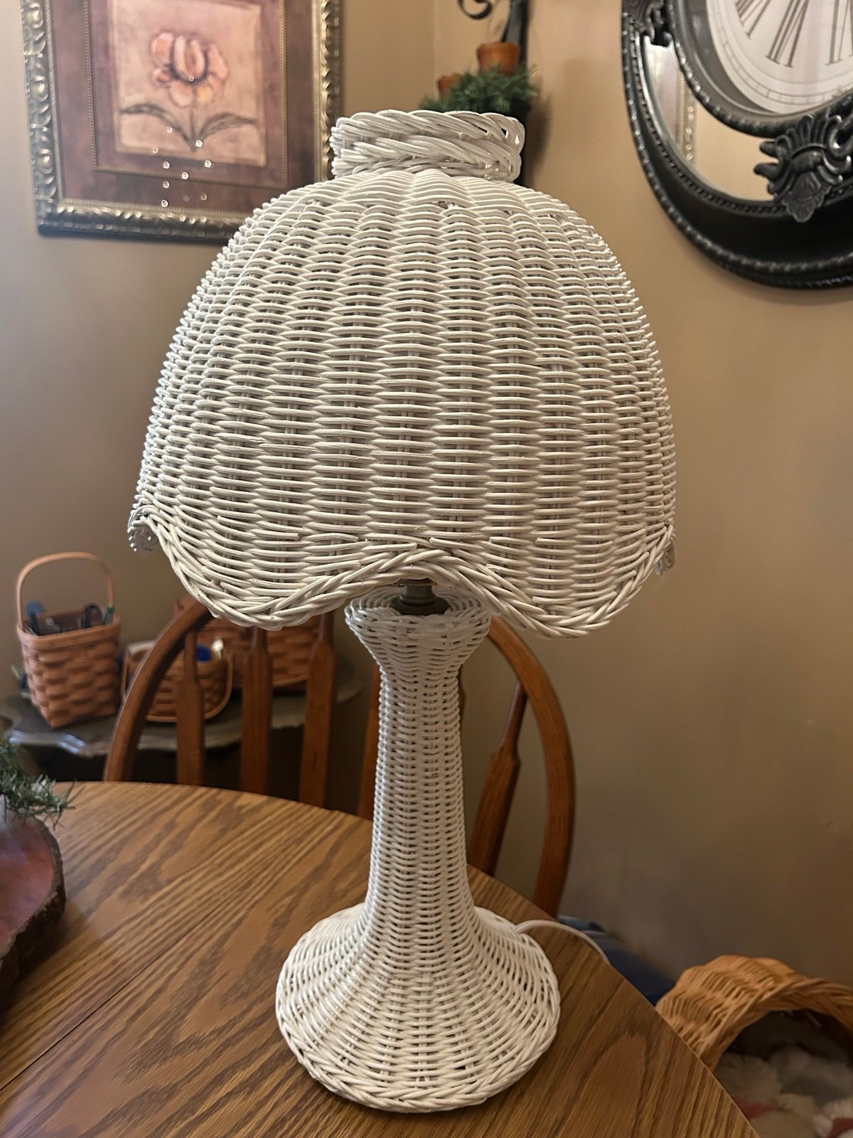Lamp - white wicker table light - cottage boho home decor