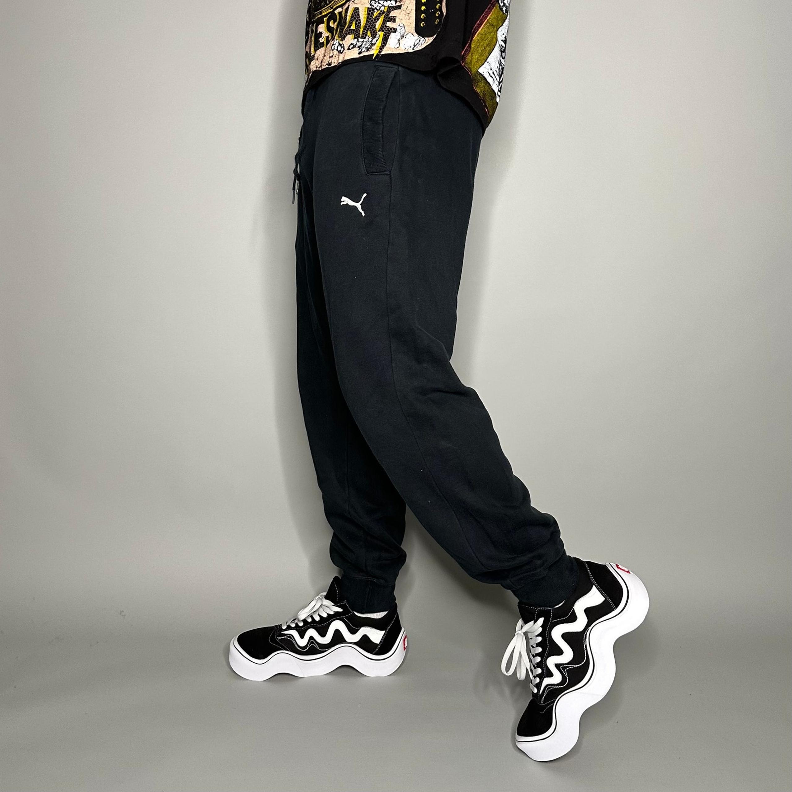 Puma Joggers Jet Black Cotton Sweatpants White Logo Baggy Fit