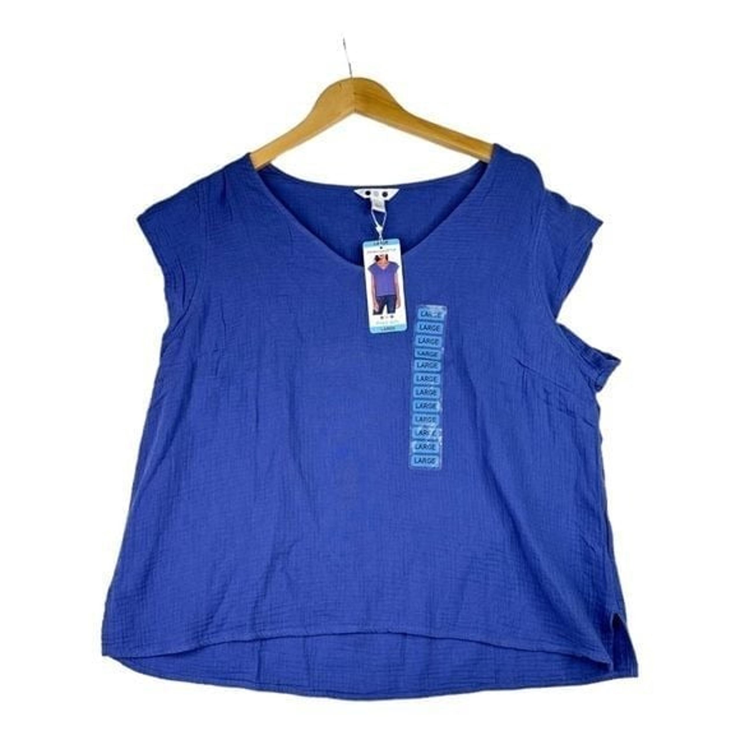 Three Dots Double Gauze Blue Top Size Large