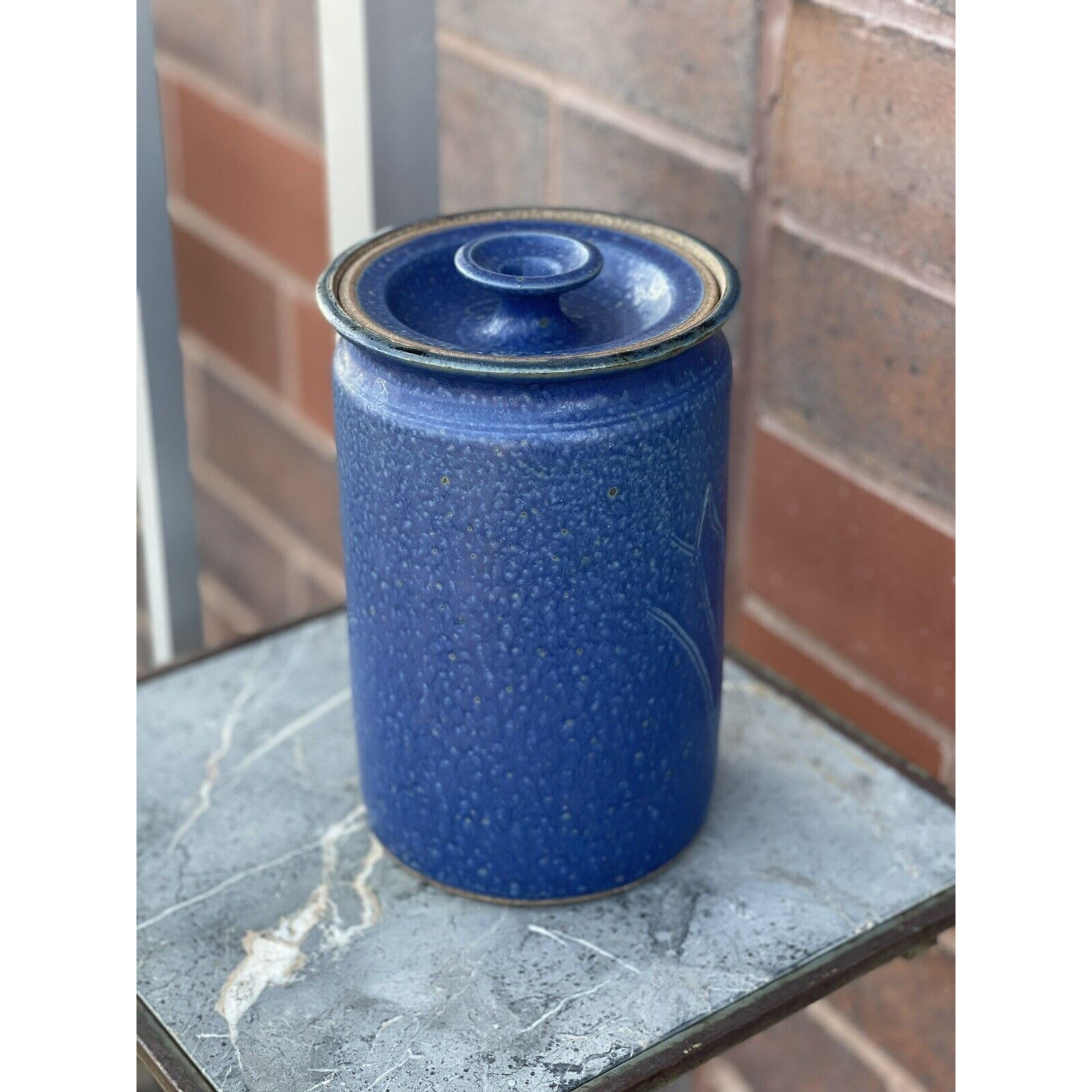 Stoneware Pottery Jug Jar Canister Vintage Brown Ware Blue Cattails W/Lid