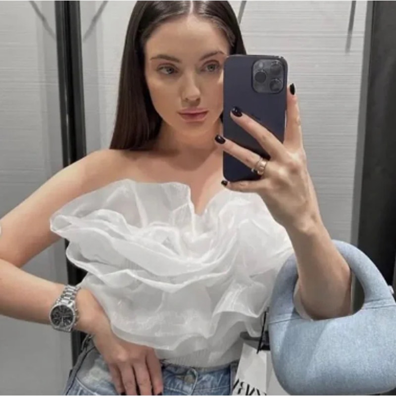 Zara White Ribbed Strapless Bodysuit Top with Large Organza Ruffles Size Small