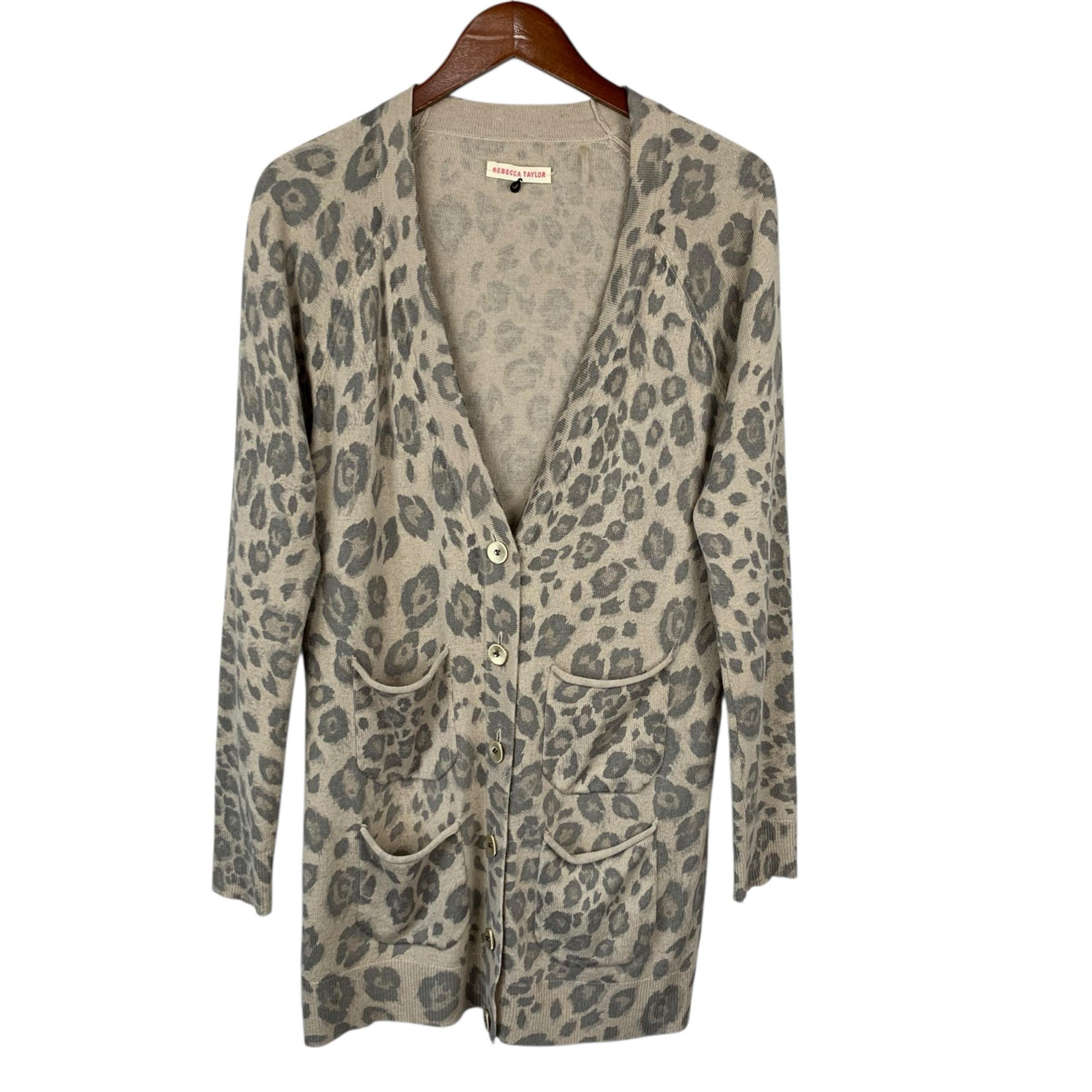 Rebecca Taylor Cardigan Long Button Front Pockets Leopard Print Silk Cashmere L