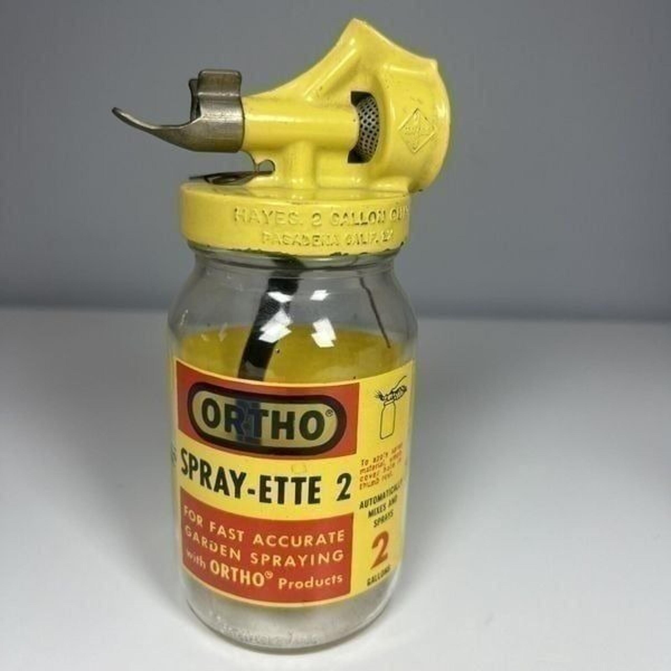 Vintage ORTHO Spray-Ette 2 Vintage Glass Jar & Yellow Metal Sprayer Nozzle