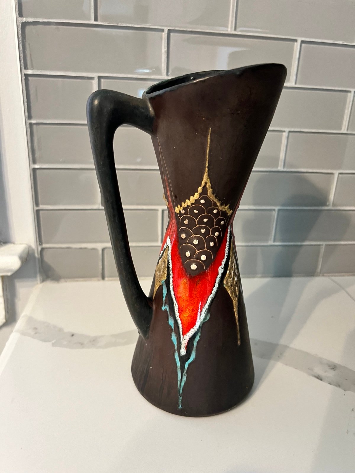 Vintage Italian 1950's handmade glazed pottery Art pitcher raised finish signed