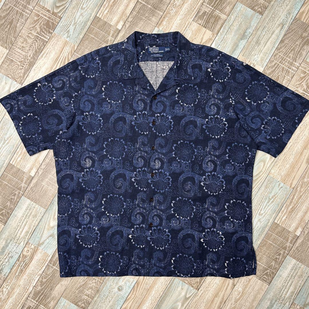 Rare 90s Ralph Lauren Caldwell Floral Linen Indigo Open Collar Shirt