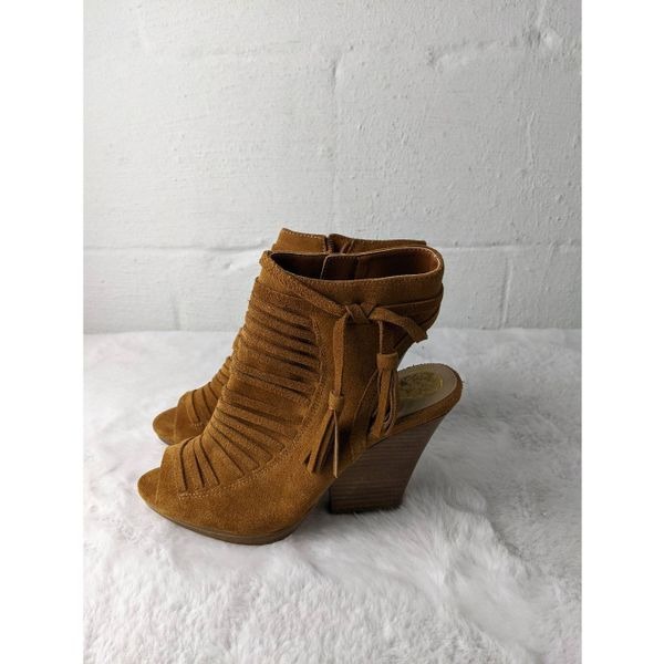 Vince Camuto Janessa Genuine Leather Suede Ankle Wedge Sandals Cognac Brown 7.5 - detail