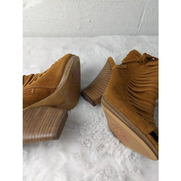 Vince Camuto Janessa Genuine Leather Suede Ankle Wedge Sandals Cognac Brown 7.5 - detail