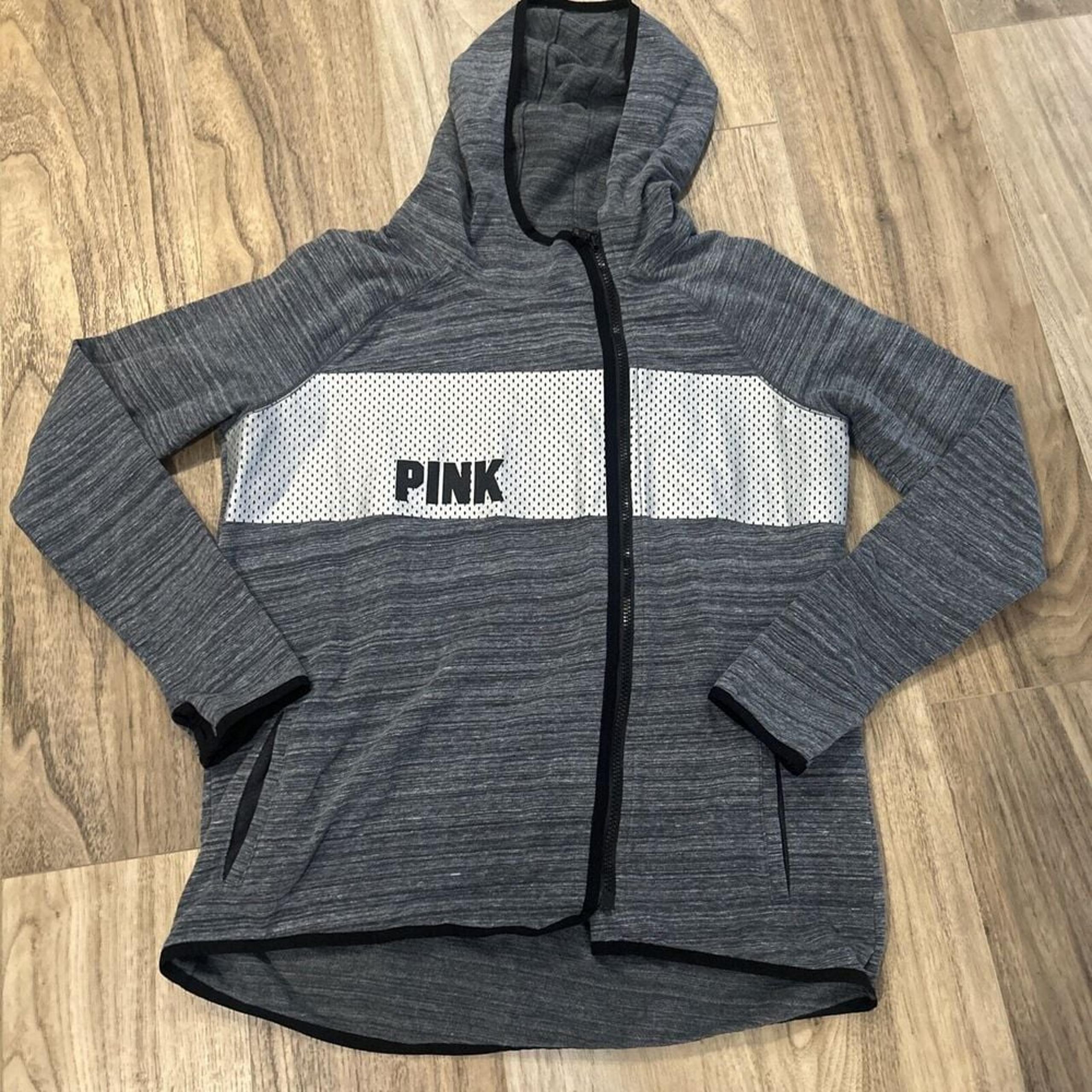 Victoria Secret Pink Women Full Zip Hoodie Sweater Med Gray Logo cotton