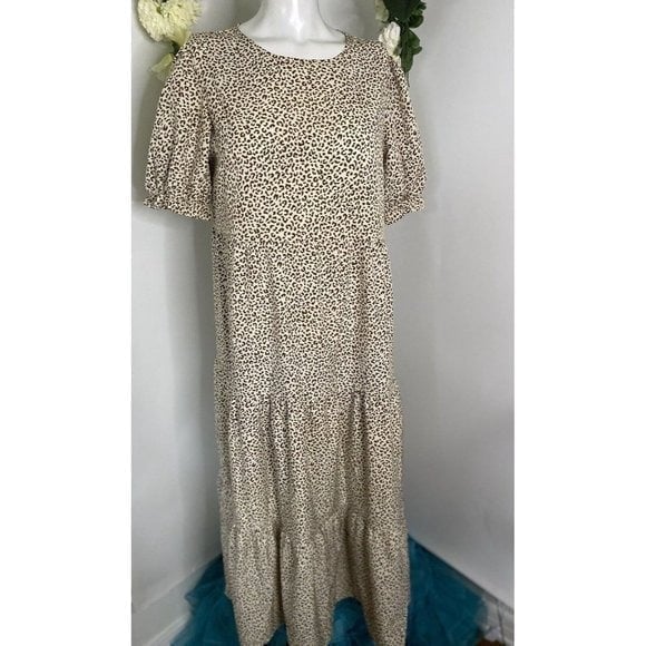 Prettygarden Women's M Tunic Dress Beige Animal Print Ruffle Puff Sleeve Retro