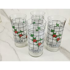 Coca Cola Frosted Tall Glass 6 Christmas Holly Berry 16oz Libbey Tumbler x4