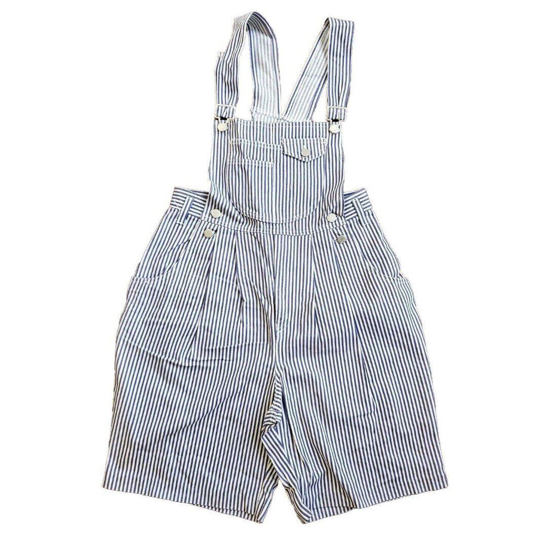Vintage 90s Memphis Denim Shortalls Bib Overall Shorts Women Sz L, Blue Striped