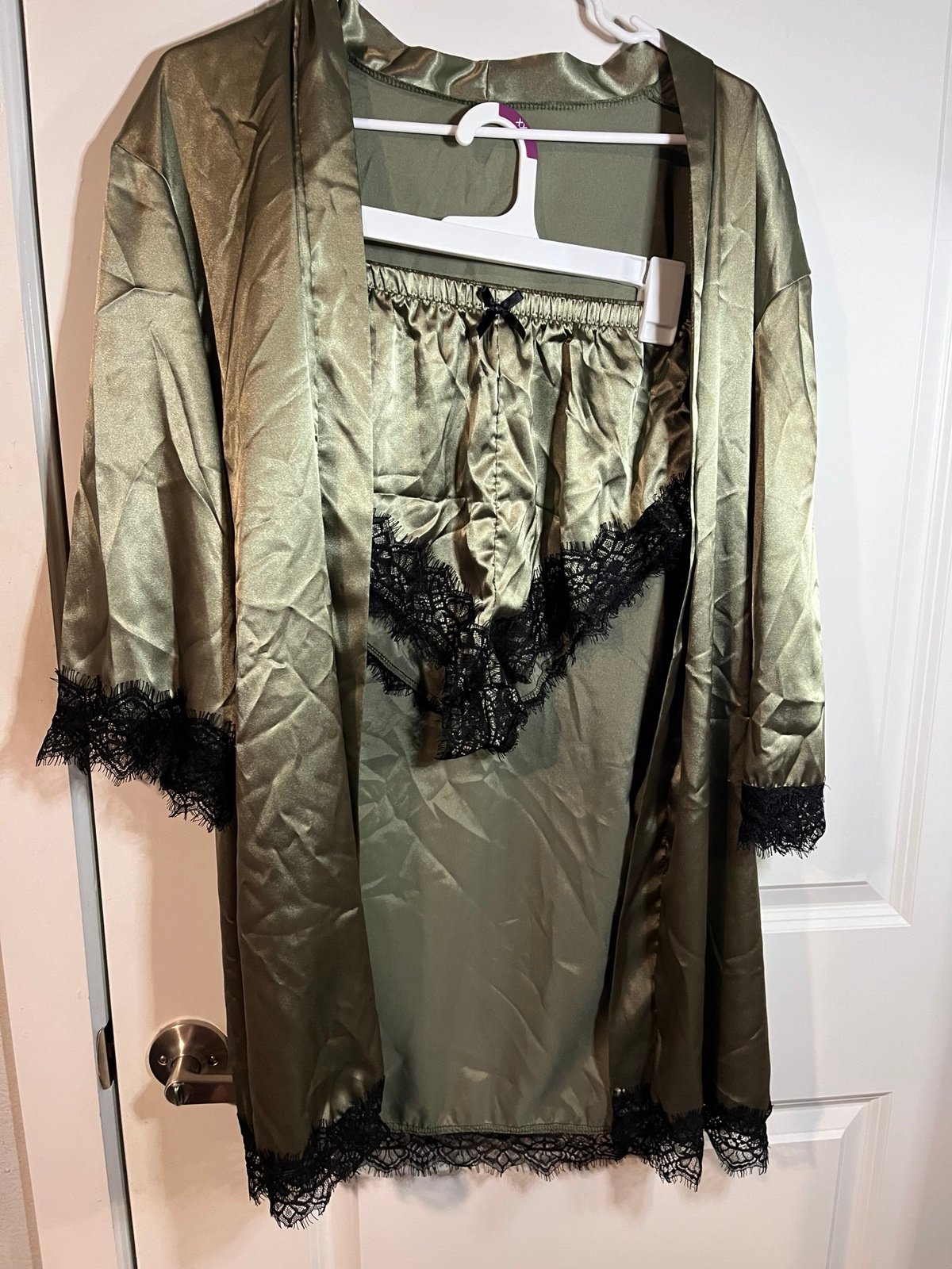Satin Lace 2pc Set Olive Green Black Lounging Robe and Shorts Size Medium