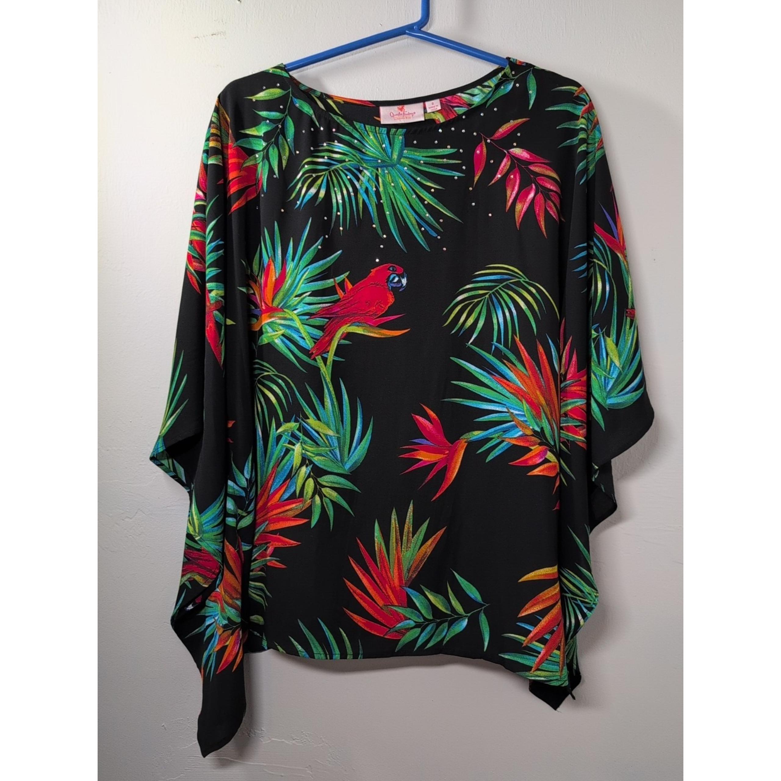 Quacker Factory Embellished Caftan Shirt Sz S Palm Print With Parrots