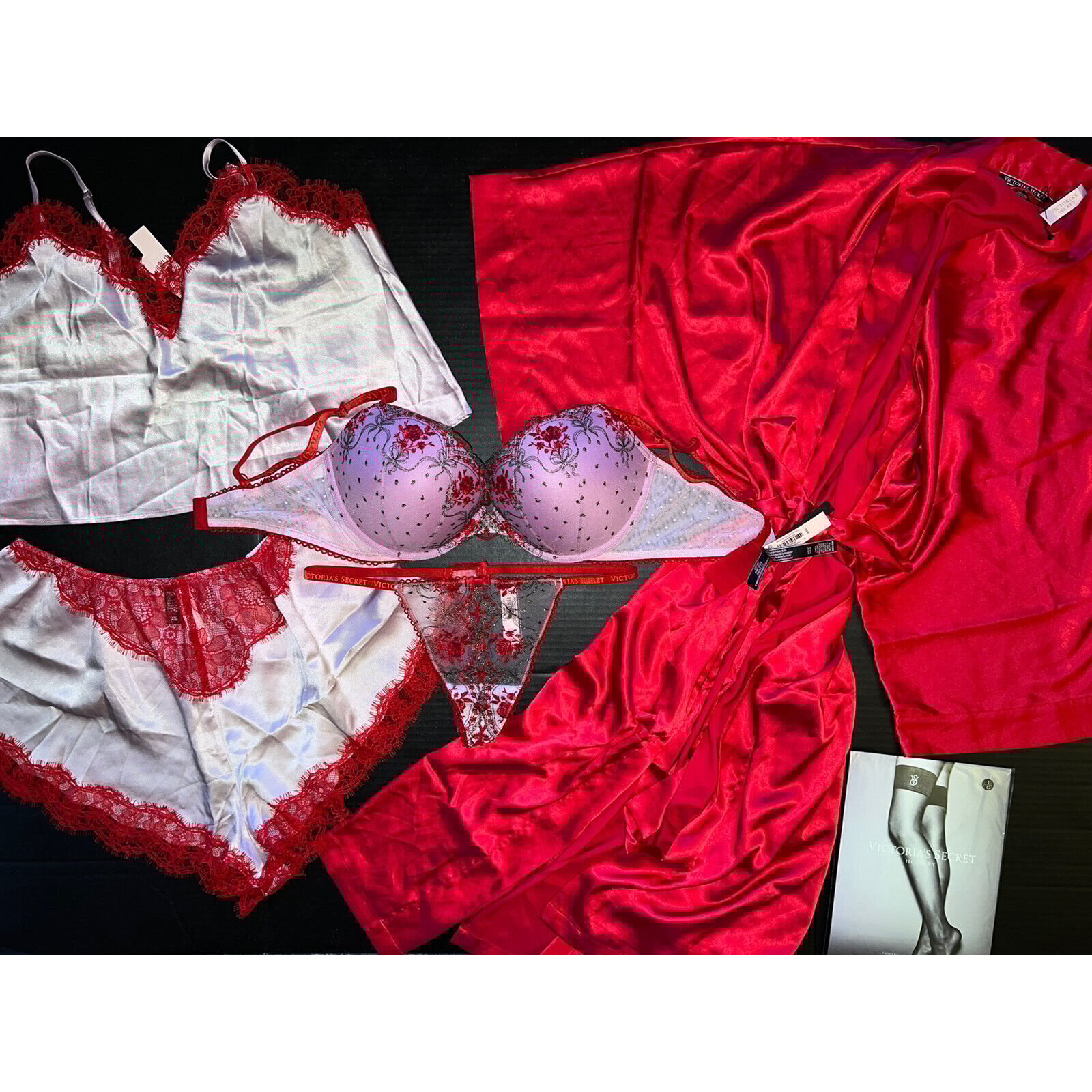 Victoria's Secret 36B,36DD BRA+garter+CAMI SET+ROBE Lilac Silver RED Embroidered