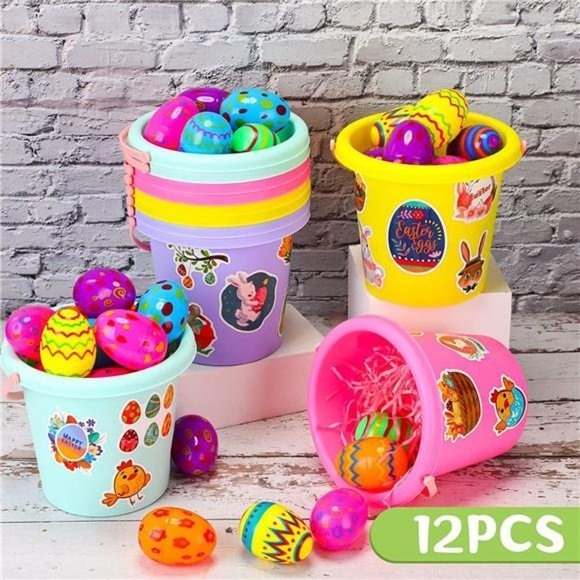 Set of 24 Plastic Easter Basket with 100 Stickers for Egg Hunt