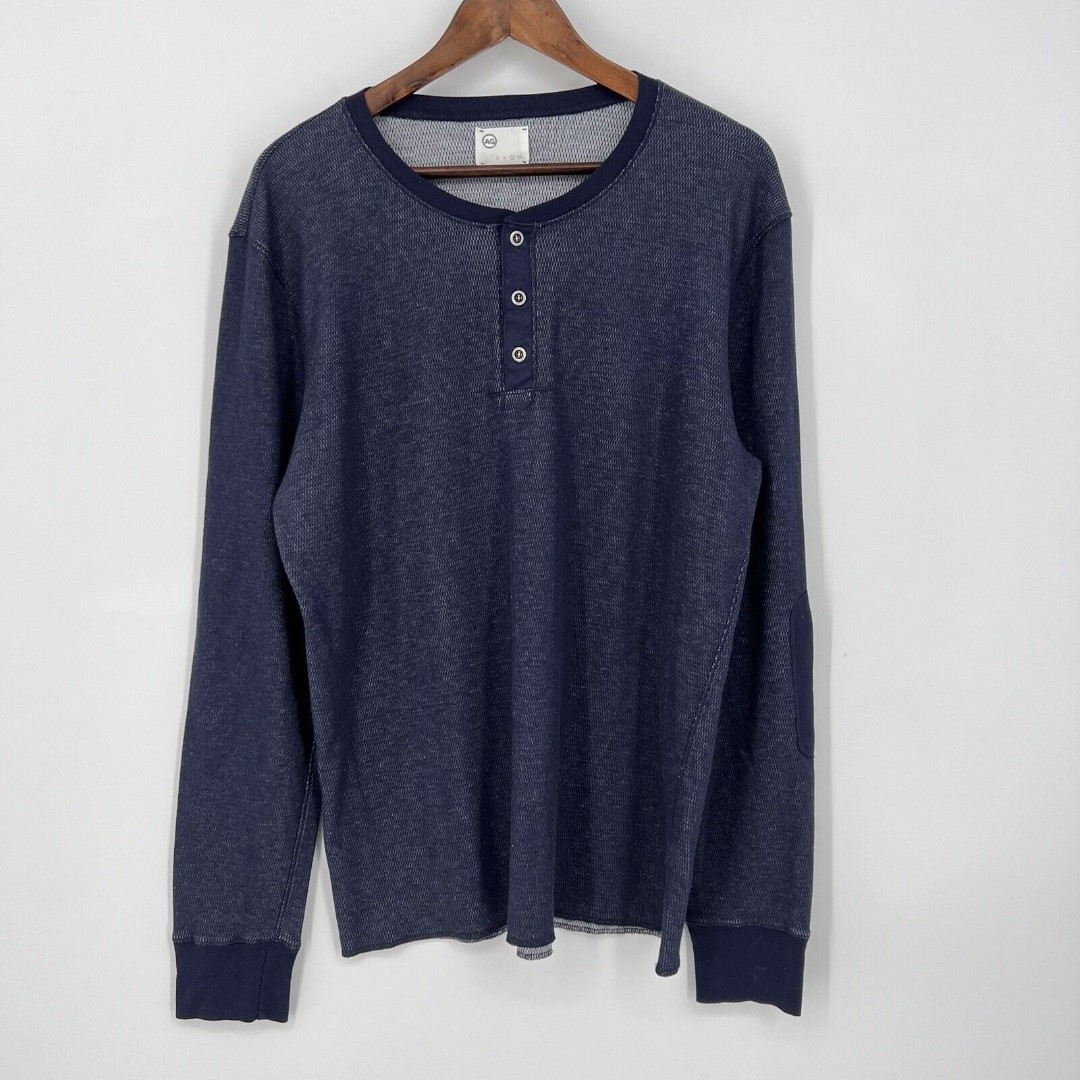 AG Jeans Mens Longsleeve Henley Shirt Blue Elbow Patch Cotton Pullover L