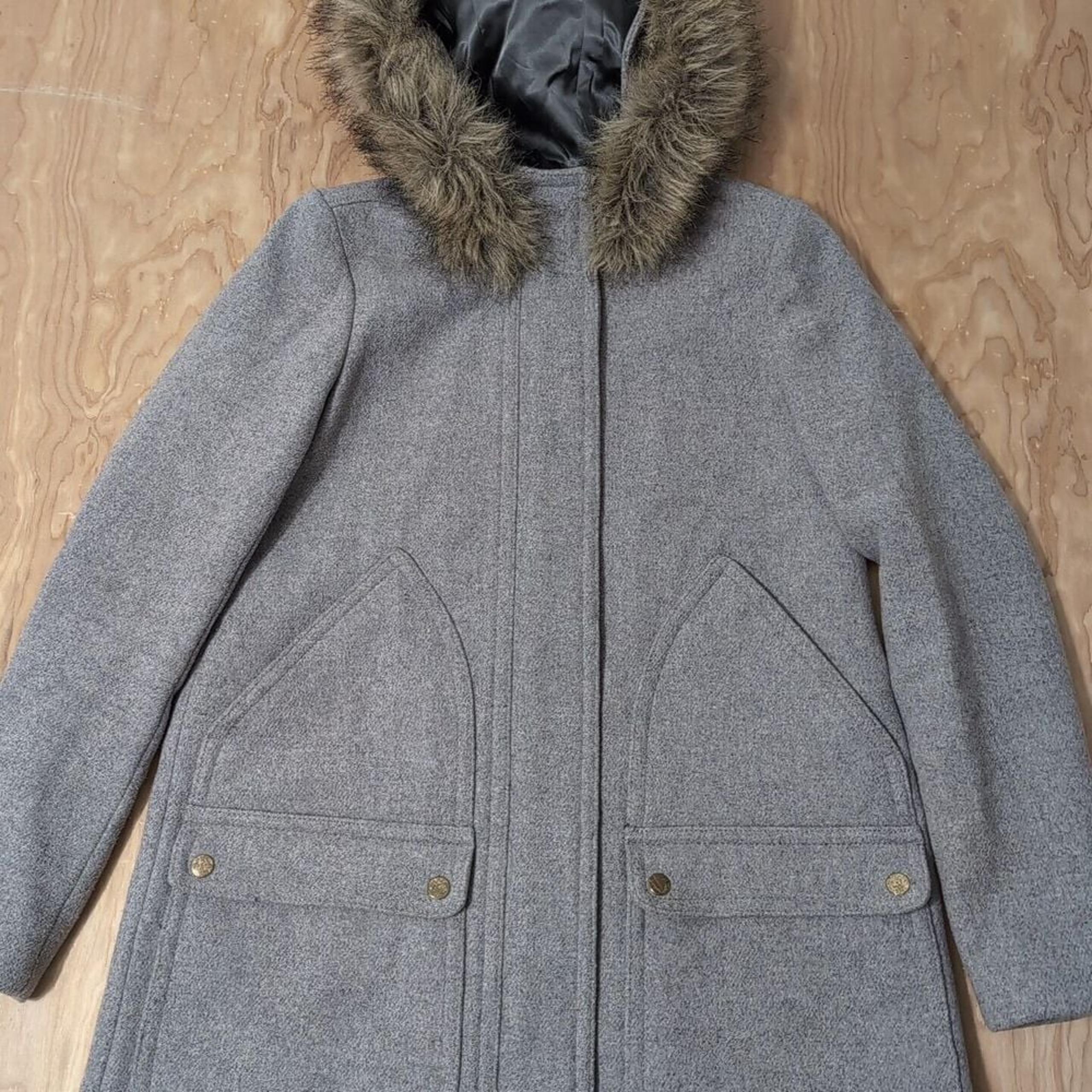 J.Crew Coat Womens 0 Chateau Parka Italian Wool Faux Fur Hooded Jacket Gray