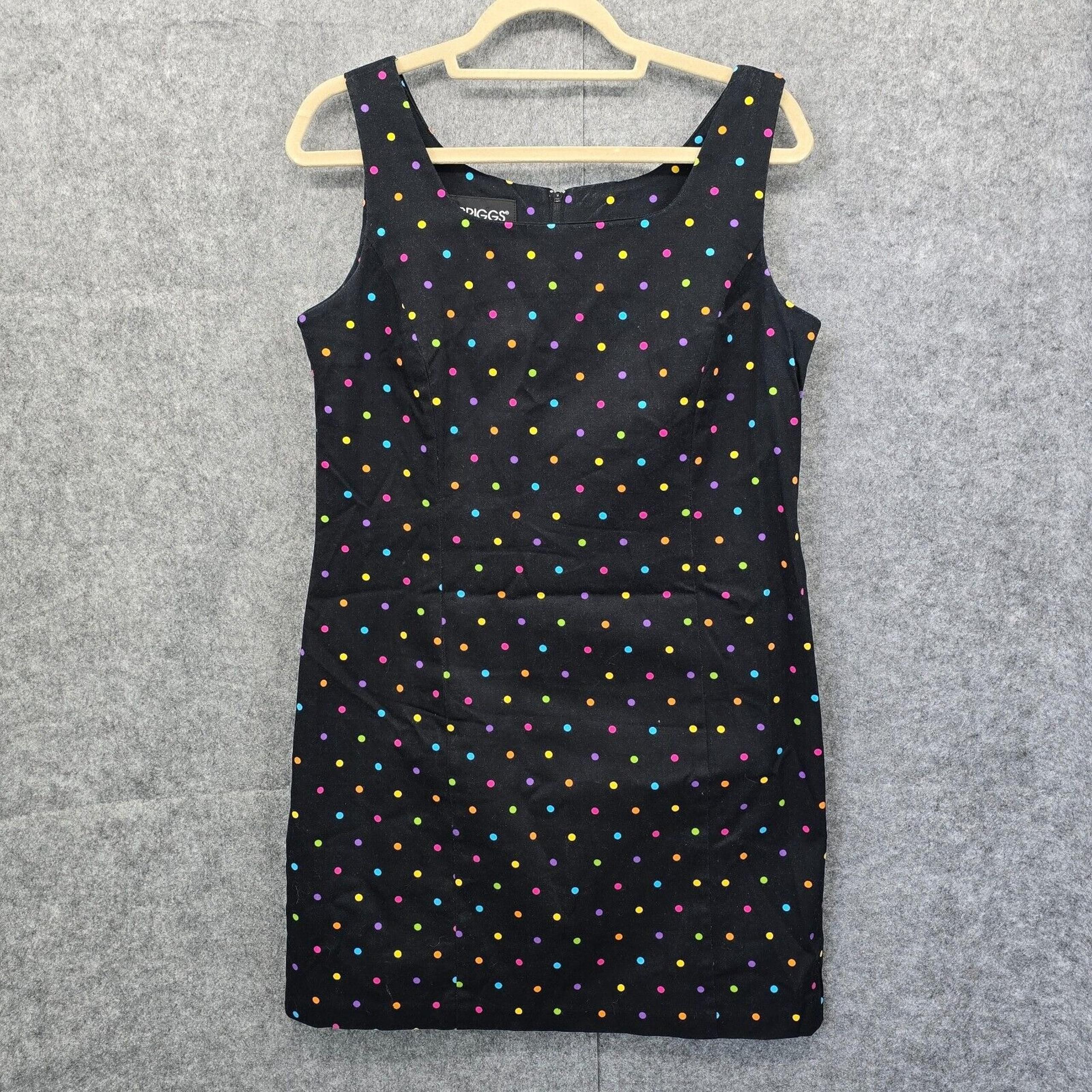 BRIGGS Tank Dress Woman Size 12 Colorful Polka Dots on Black Sleeveless Back Zip