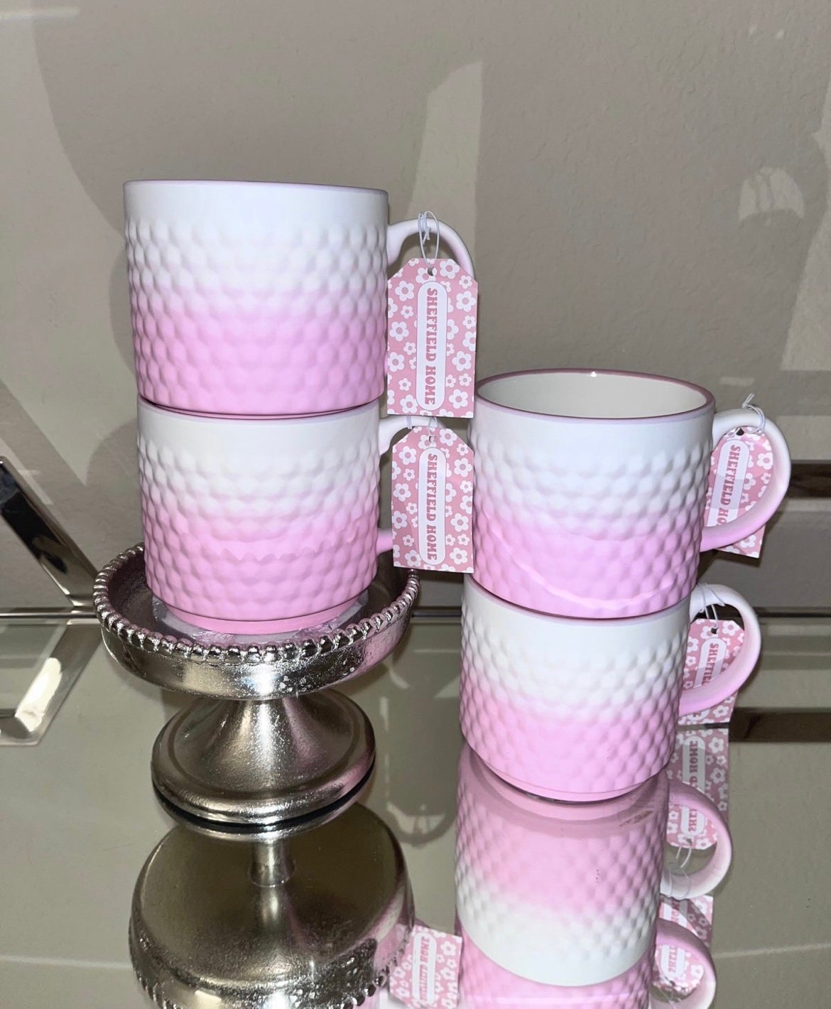 4-NWT SHEFFIELD HOME OMBRE PINK VELVETY TEXTURED COFFEE MUGS