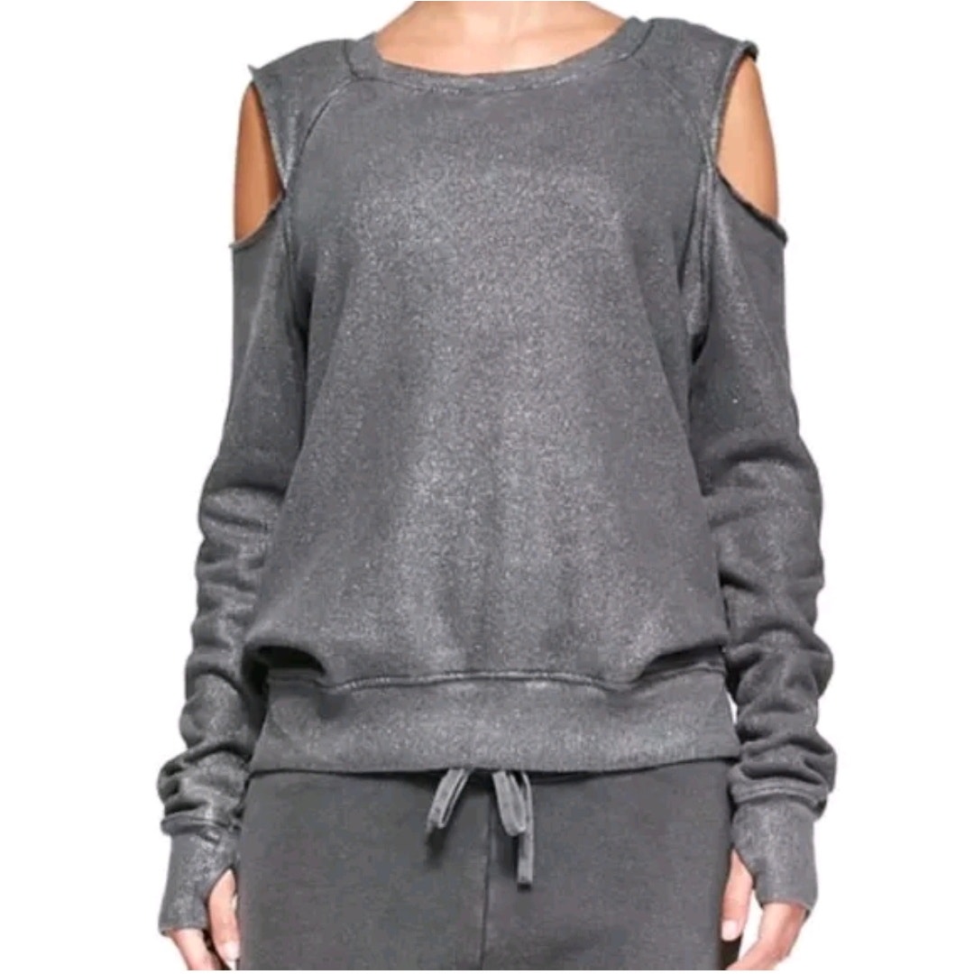 Pam & Gela Metallic Cold Shoulder Oversized Slouchy Sweatshirt Large Gray Sexy