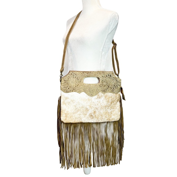 Artisan Embossed Tooled Fringe Cowhide Calf hair Crossbody Bag Purse Tan Boho
