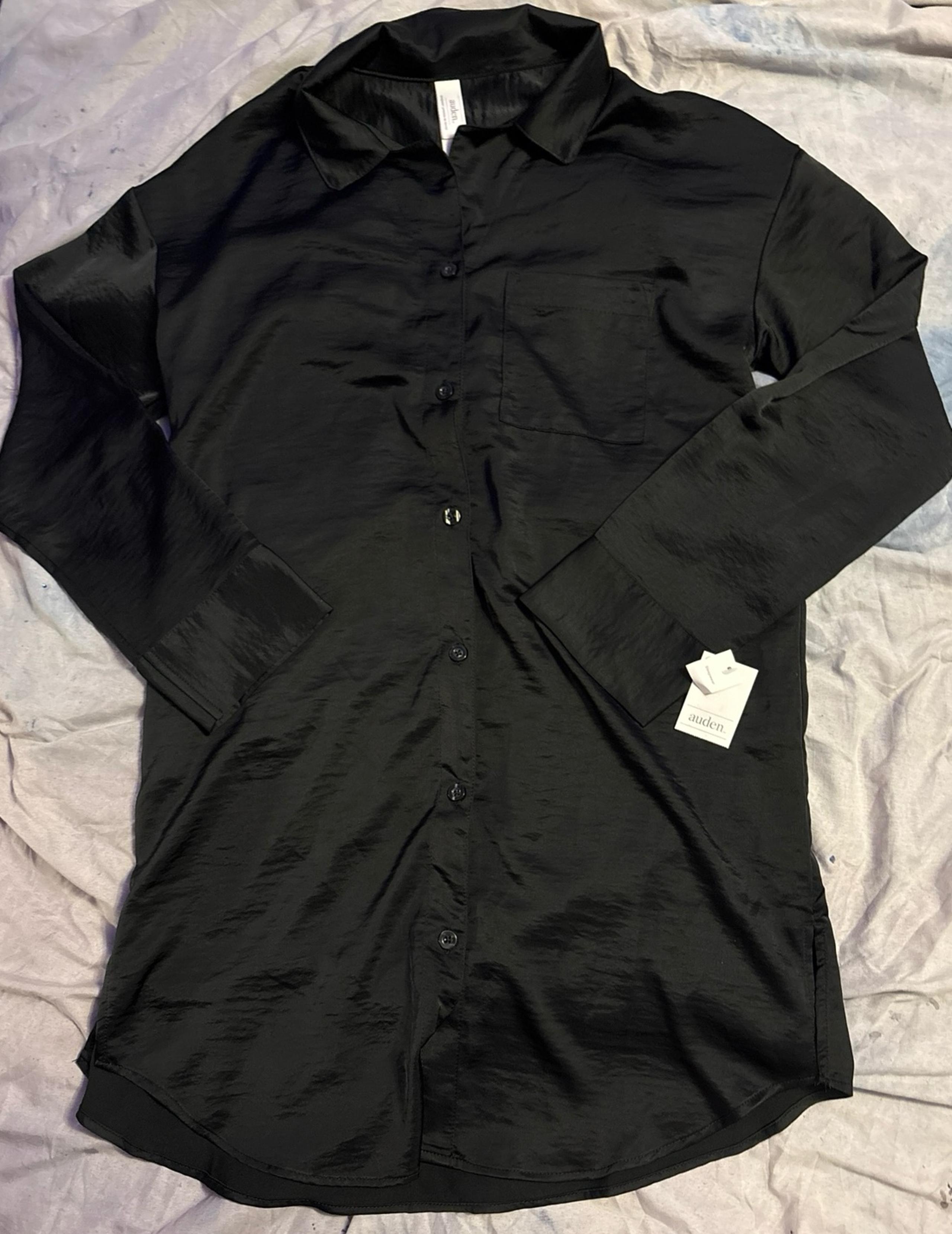 NEW Auden Sleepwear Women’s Black Satin Long Button Down Sleep Shirt Nightgown S