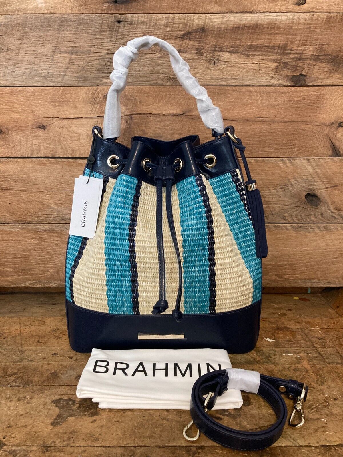 Brahmin Marlowe Navy Anguilla Straw & Leather Drawstring Bucket Bag-NWT