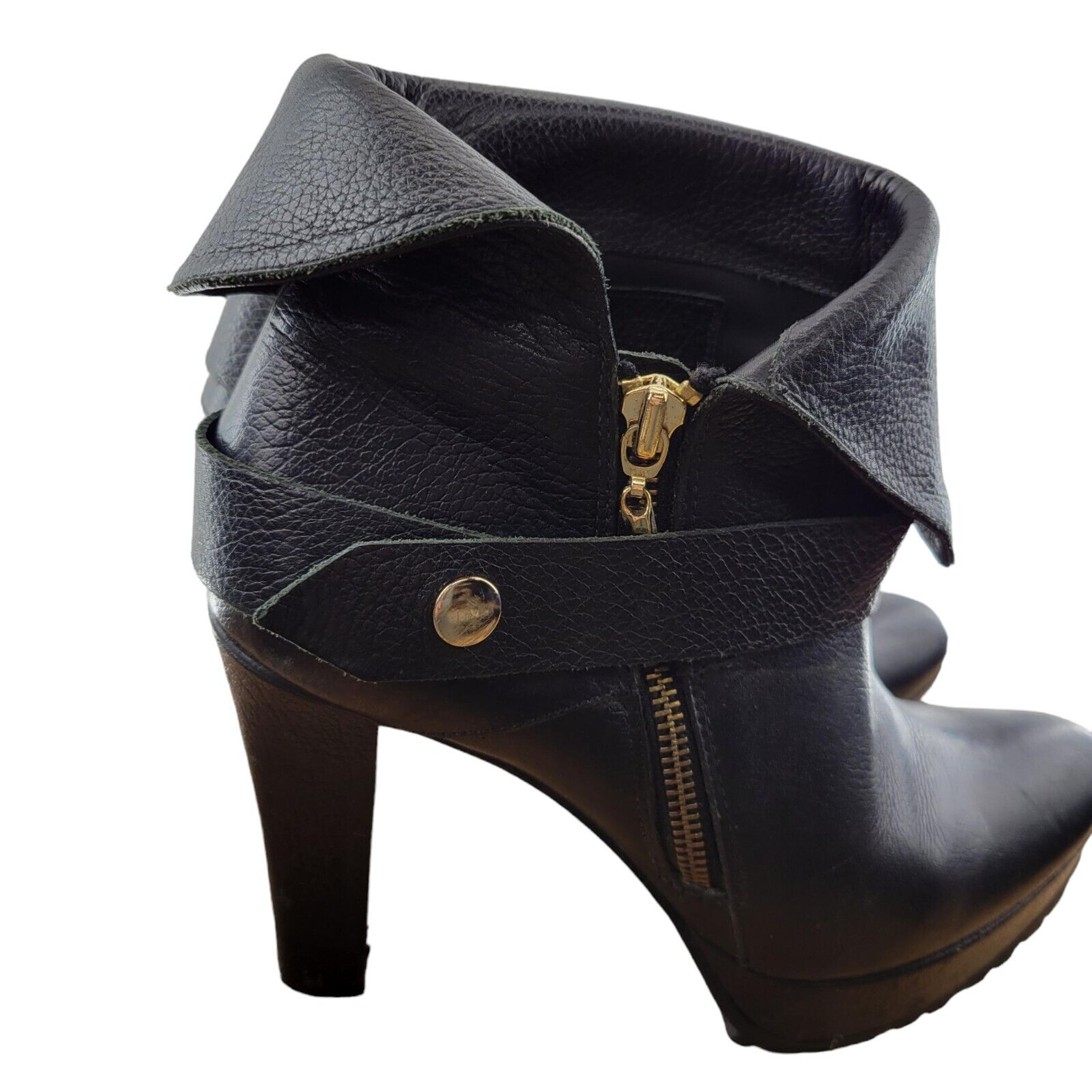 Diane Von Furstenburg Avalon Platform Ankle Boots Size 7 Black Leather Gold Tone