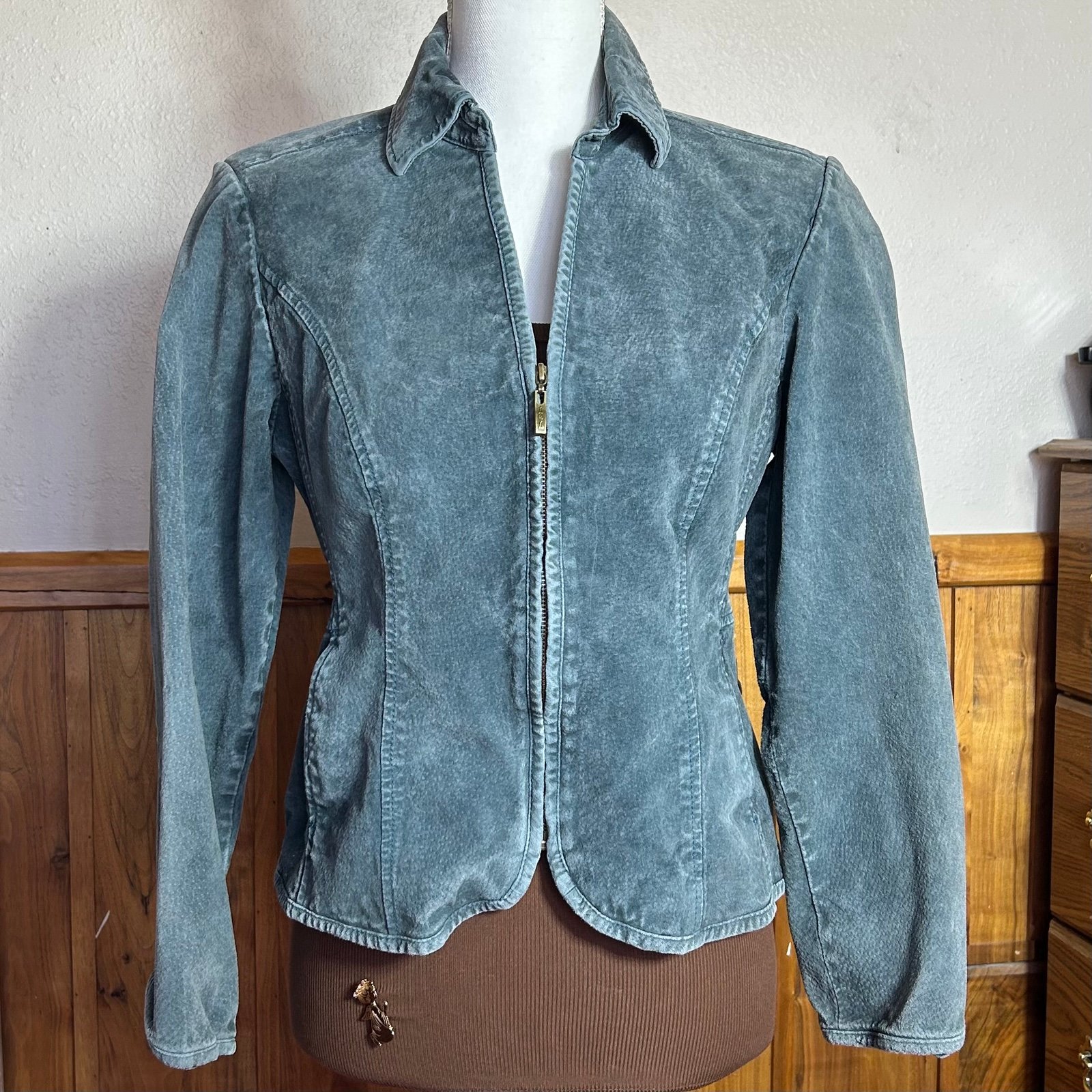 Vintage AMI teal light blue leather velvet jacket