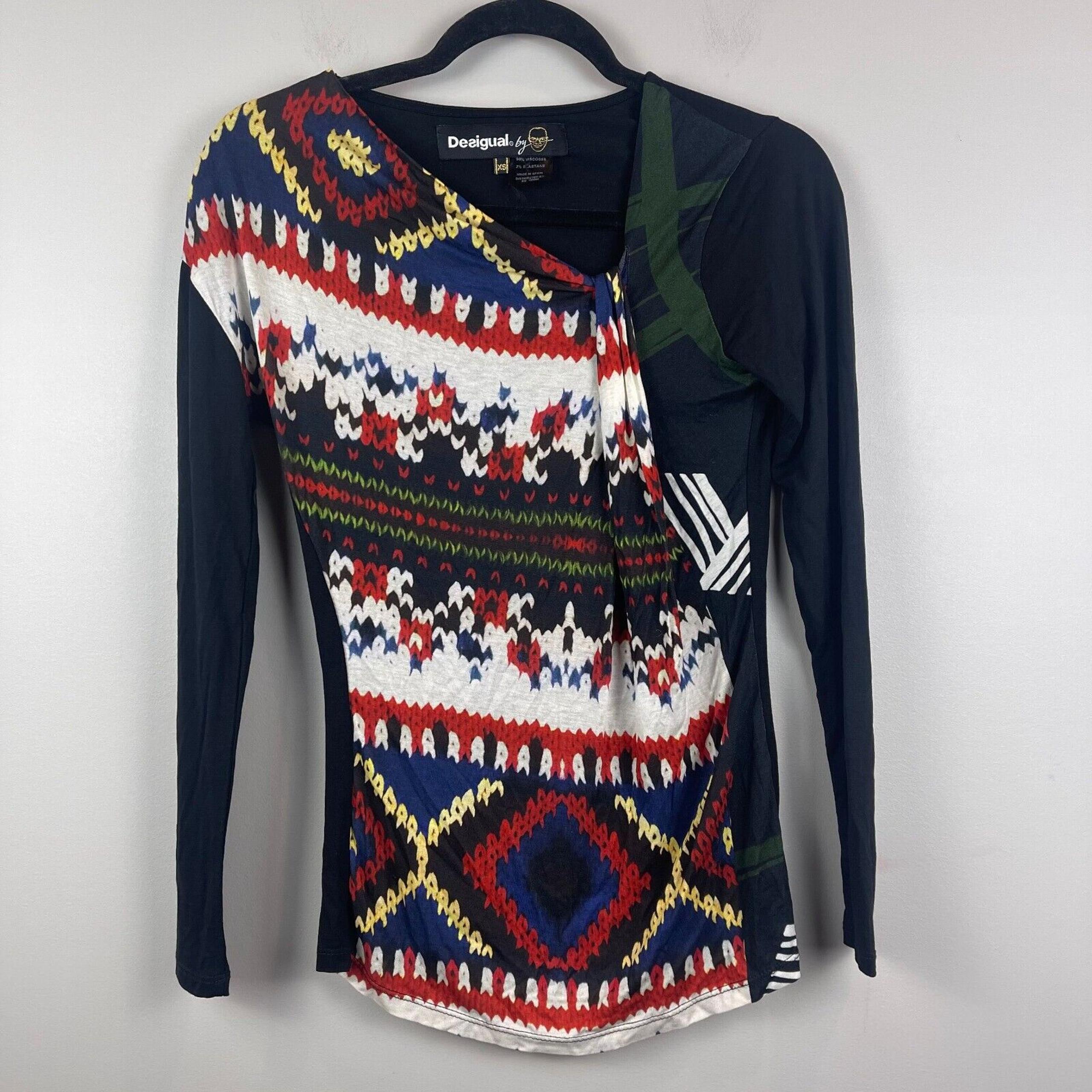 Desigual Top Women's XS Black Multi Printed Stretch Asymmetrical Neck Artsy Boho