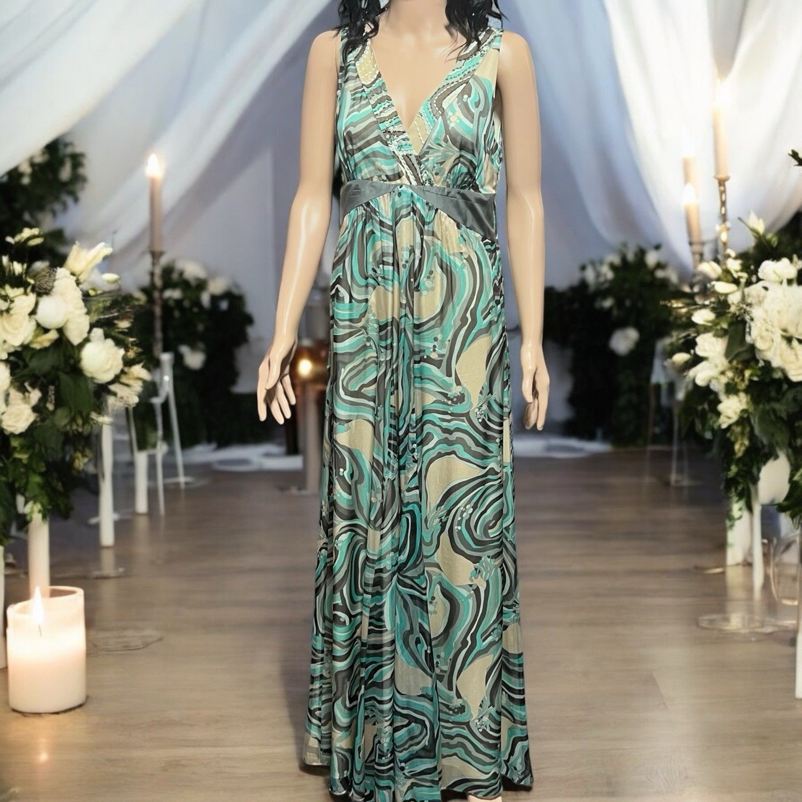 Nougat London 100% Silk Beaded Maxi Sleeveless Lined Dress Size 14 US / 3 UK