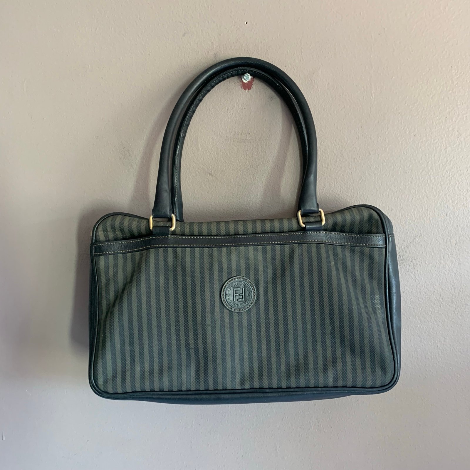 Vintage Fendi Pequin Black Striped Women's Handbag. Coated striped canvas