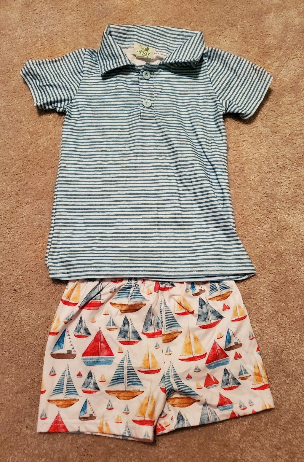 Toddler Boy Sassy Stitches Summer Sailboat Beach Polo Short Set, 4T