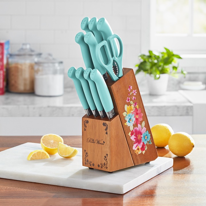 The Pioneer Woman Breezy Blossoms 11-Piece Stainless Steel Knife Block Set, Teal