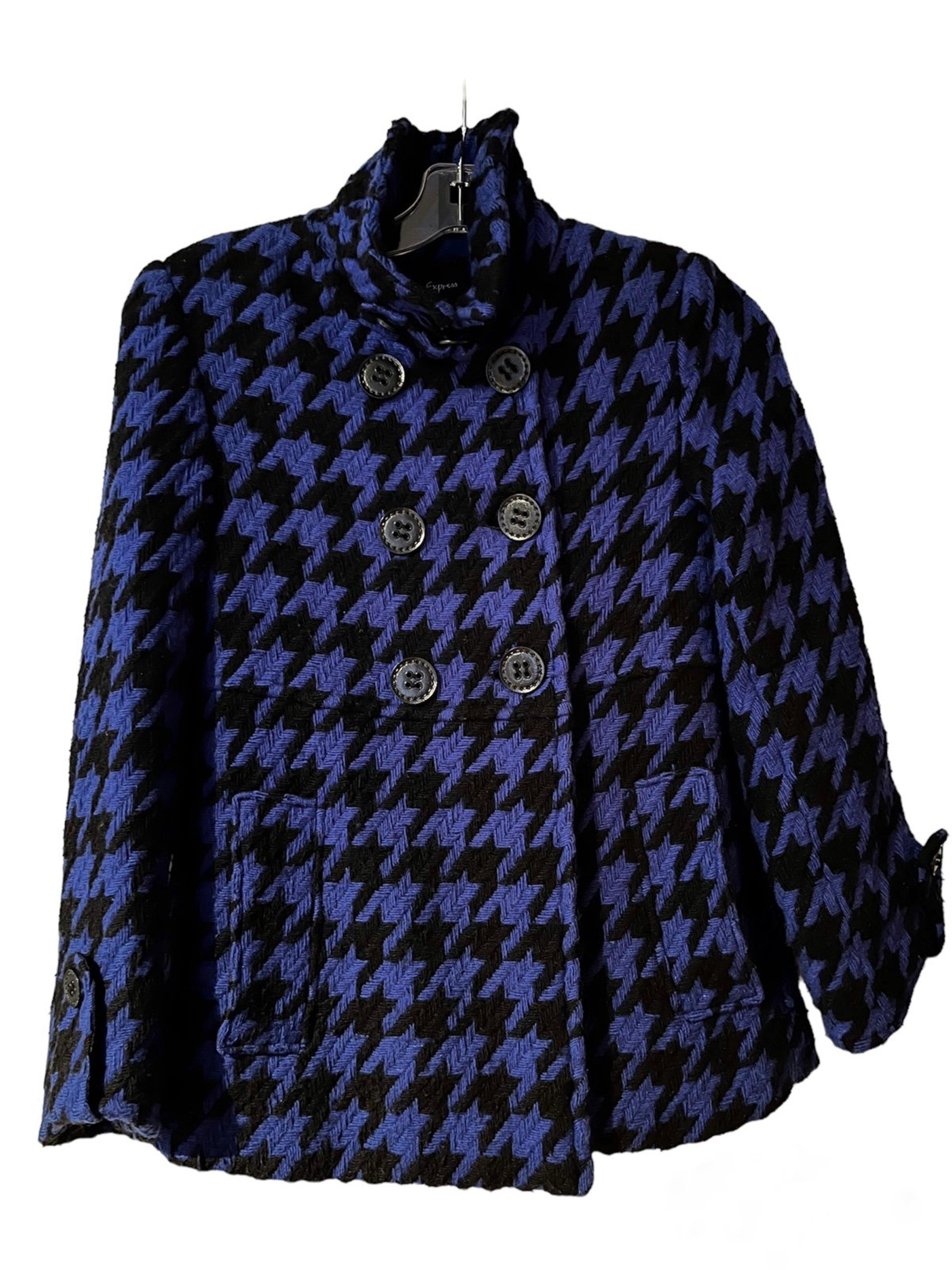 Express Women’s Black & Royal Blue Wool Satin Houndstooth Print Pea Coat NWT XS