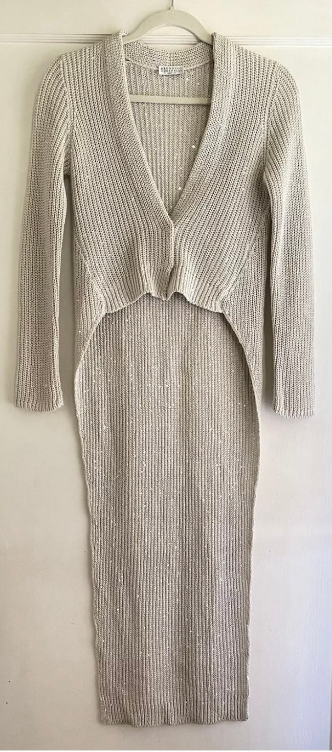 Brunello Cucinelli Beige Sequin Linen Silk Knit Duster Cardigan Sweater XS S
