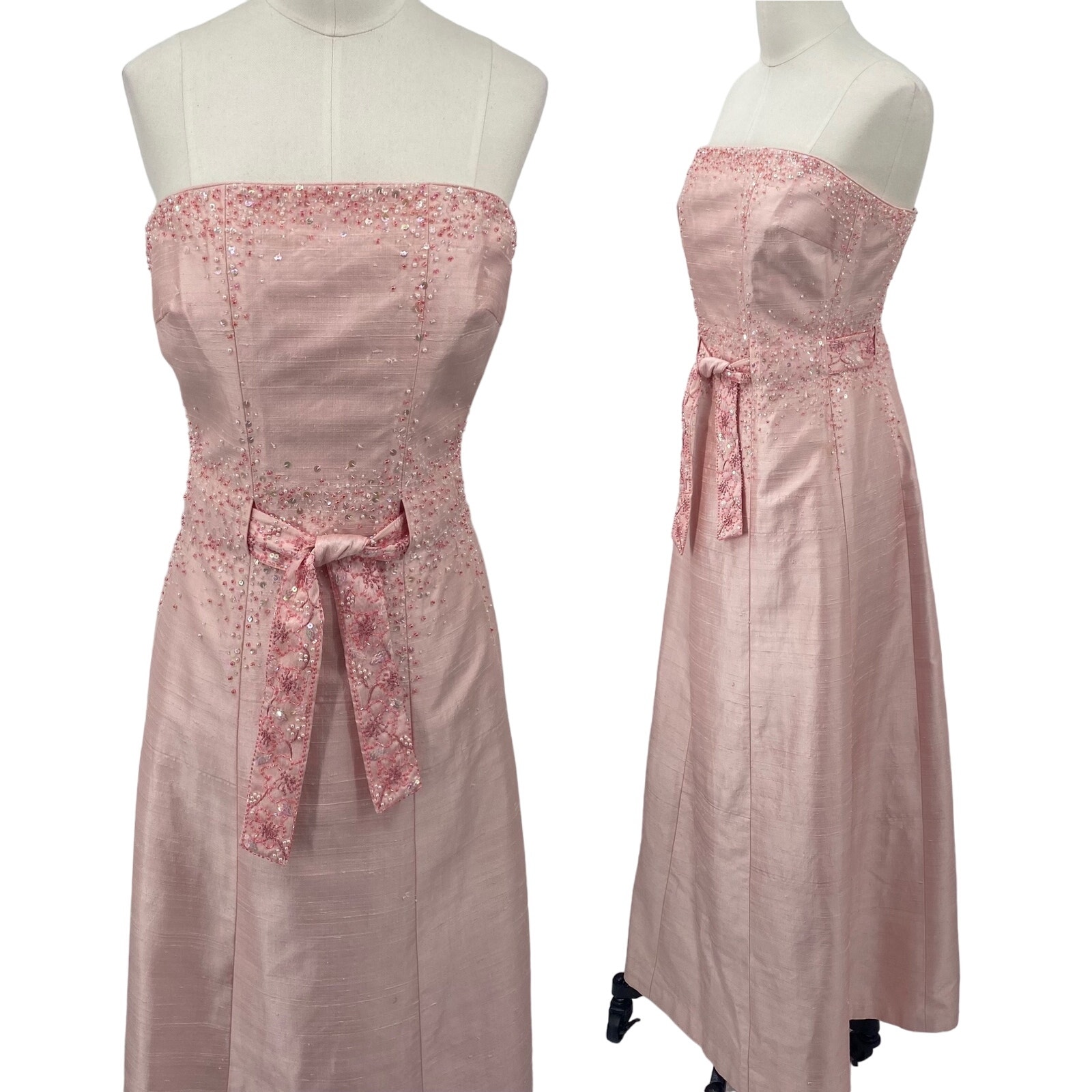 Vintage Y2k Silk Beaded Gown Strapless Belted Tie Front A Line Maxi Light Pink S