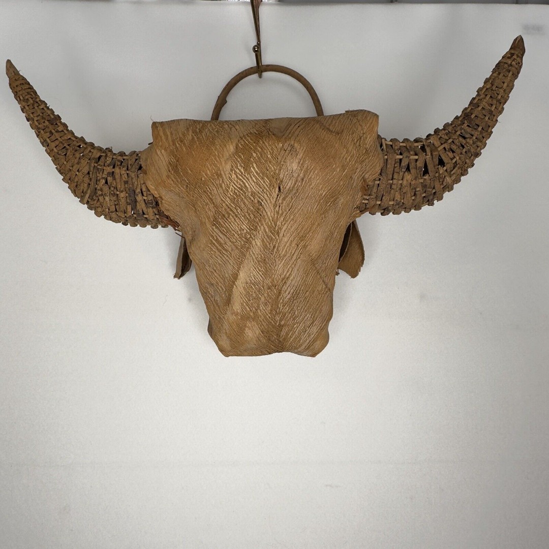 Wicker Cow Steer Bull Buffalo Western Boho Wall Hanging Planter Vtg Farmhouse