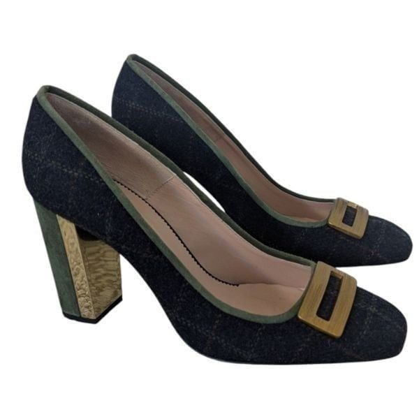 Hannibal Laguna Women's EU 40 Navy Wool Tartan Plaid Suede Pumps Square Toe