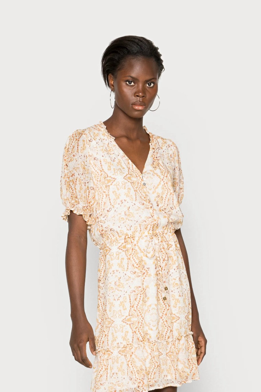 NWT Esqualo Women's White Beige Paisley Drawstring Boho A-Line Dress Size 8