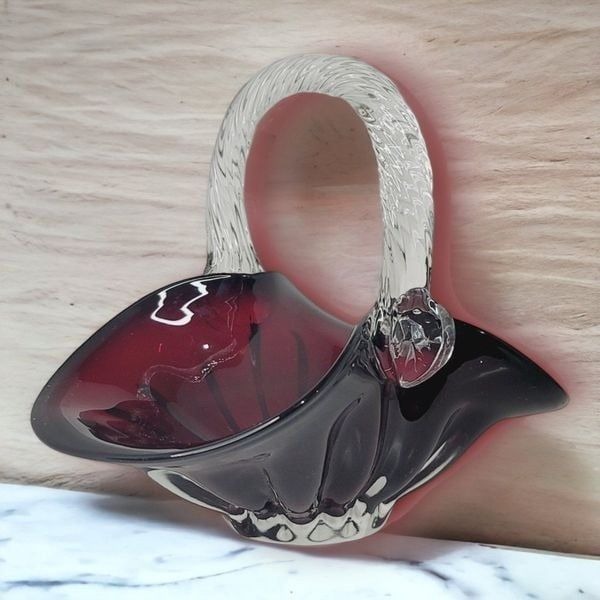 Ruby Red Hand Blown Art Glass Basket Applied Handle Clear Ground Base