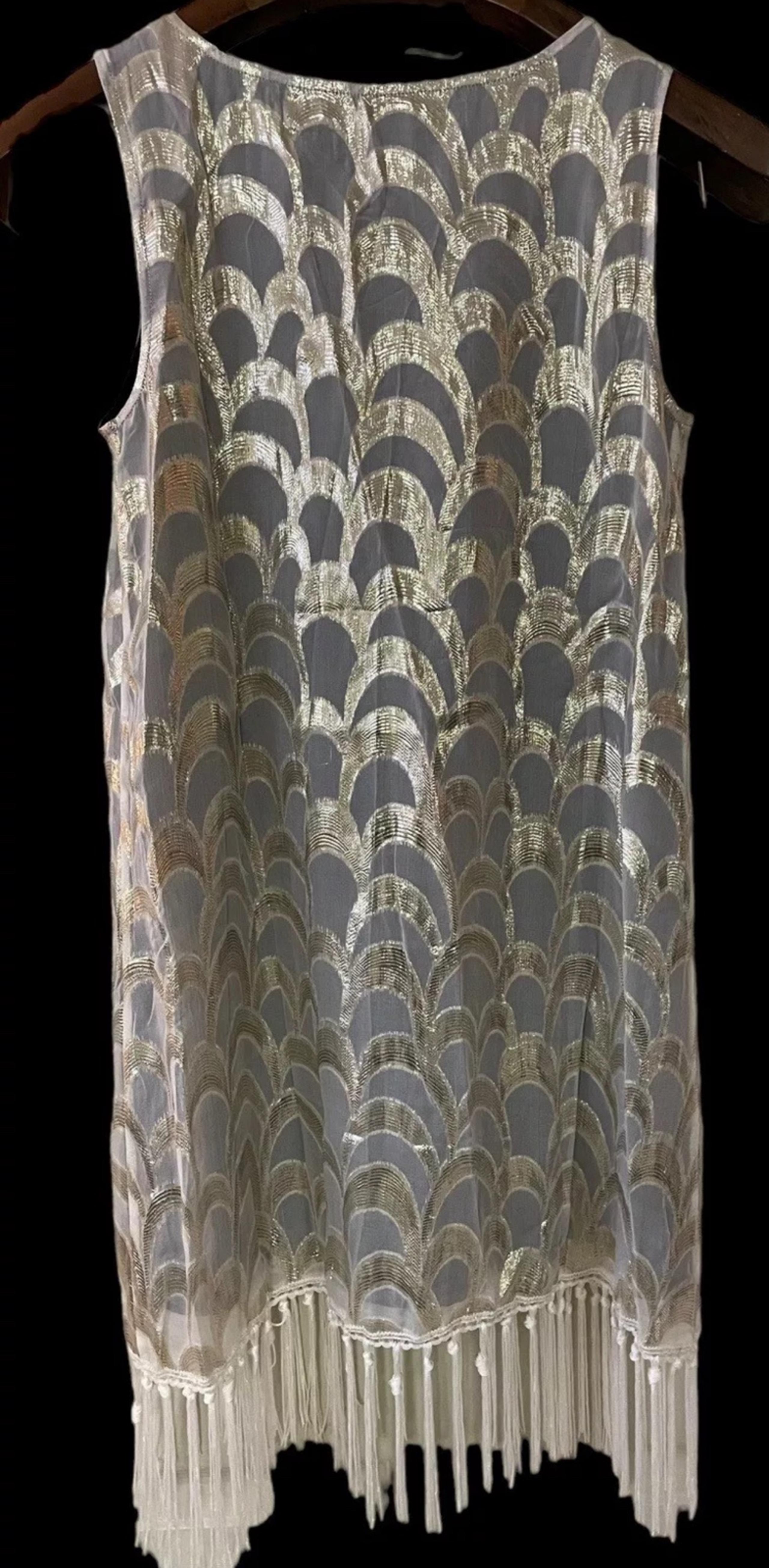 Rancho Estancia Silk White Gold Metallic Sleeveless Fringed Flapper Dress L